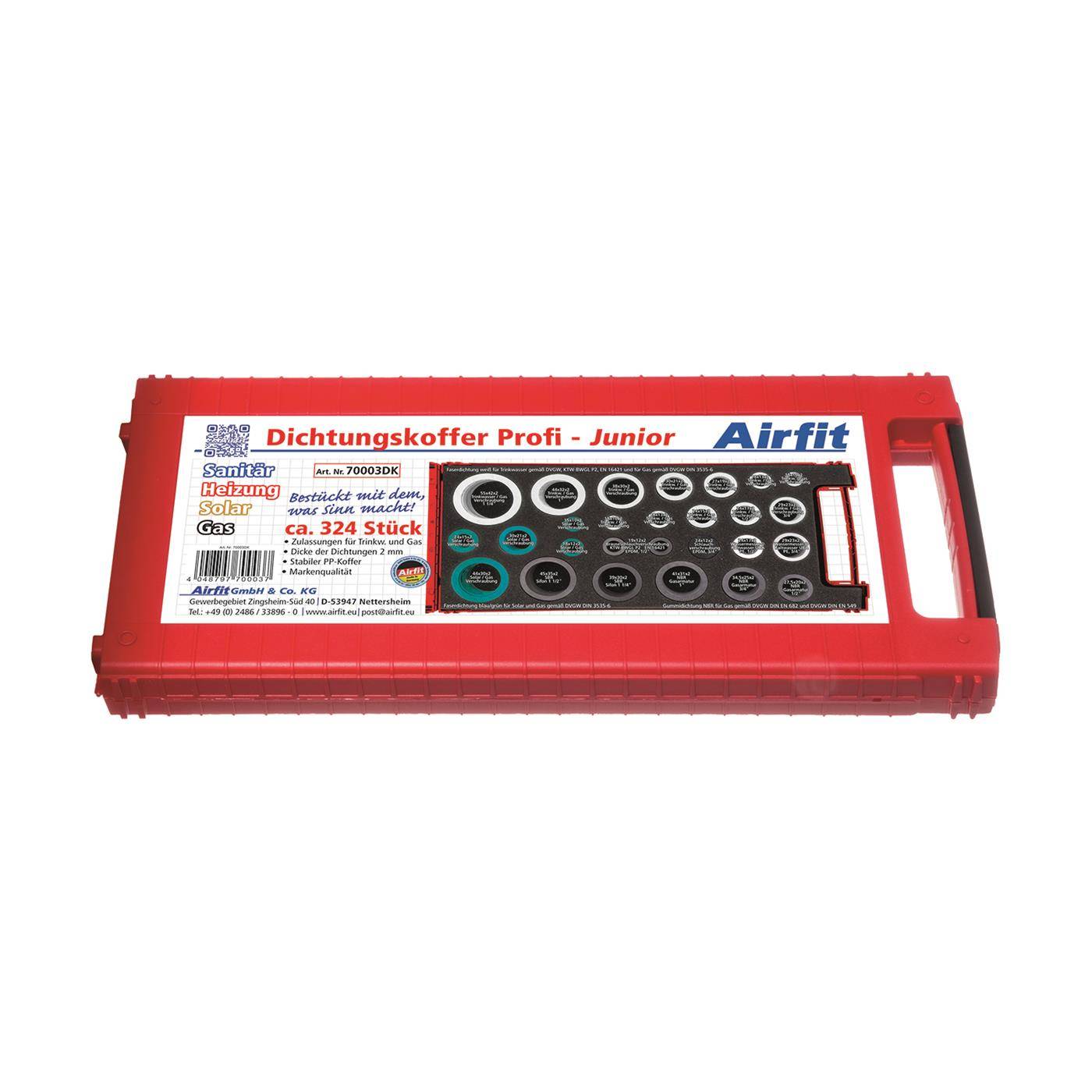 Roter Airfit 'Dichtungskoffer Profi - Junior' Dichtungssatz-Koffer mit verschiedenen Ringen und Dichtungen in einem Fachbehälter angeordnet