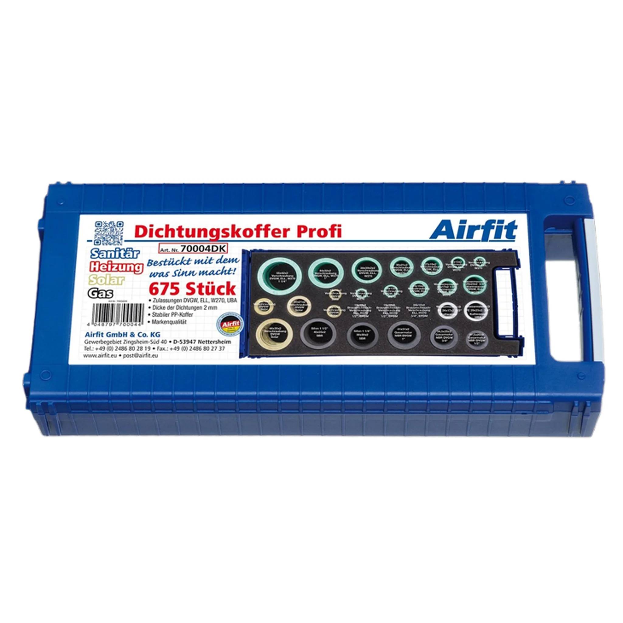 Blauer Airfit 'Dichtungskoffer Profi' Dichtungsset mit assortiertem O-Ringen/Dichtungen und gekennzeichneten Größen für Sanitär, Heizung, Solar und Gas.