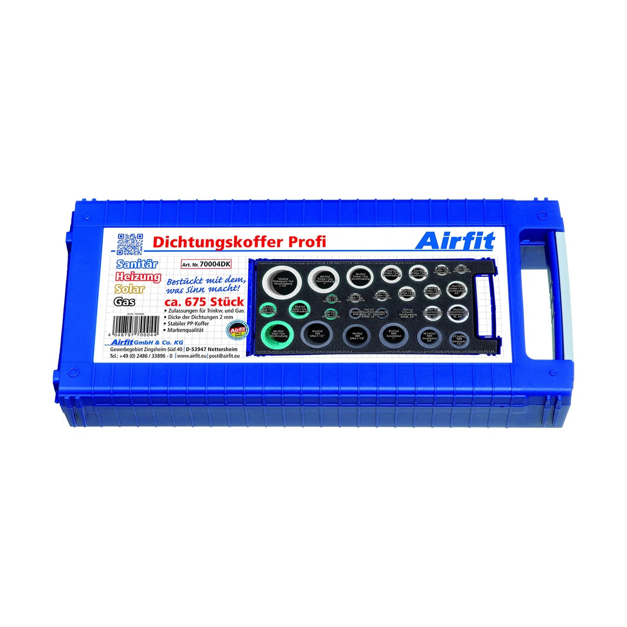 Blauer Kunststoff-Airfit-Dichtungskoffer Profi mit einem Etikett und sortierten kreisförmigen Dichtungsringen/Verbindungsstücken in einem Displayeinsatz.