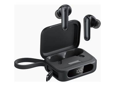 Schwarze kabellose Ohrhörer und Ladeetui mit LED-Display zur Anzeige des Akkustands; das Etui verfügt über einen Handgelenkstransporter und einen USB-C-Anschluss.