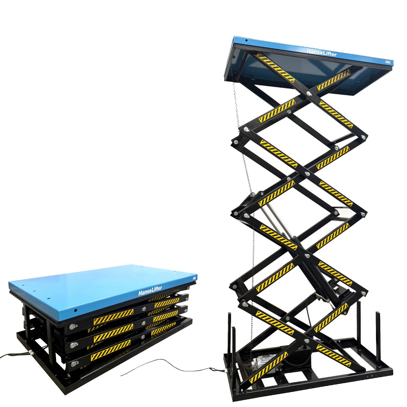 Hanselifter Stationärer Scherenhubtisch mit Vierfachschere in zwei Betriebsspannungen QRSHT04 bis Hubhöhe 4140mm Tragkraft 400kg Betriebsspannung