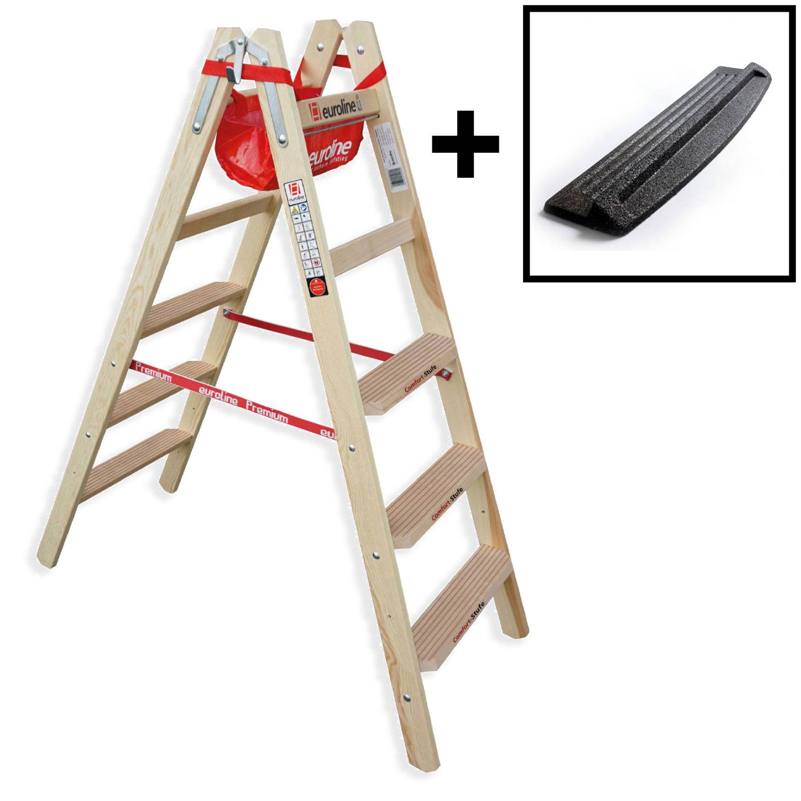 Euroline Holz Stufenstehleiter mit 2x5 Comfort-Stufen mit Werkzeugablage + passende Leitermatte