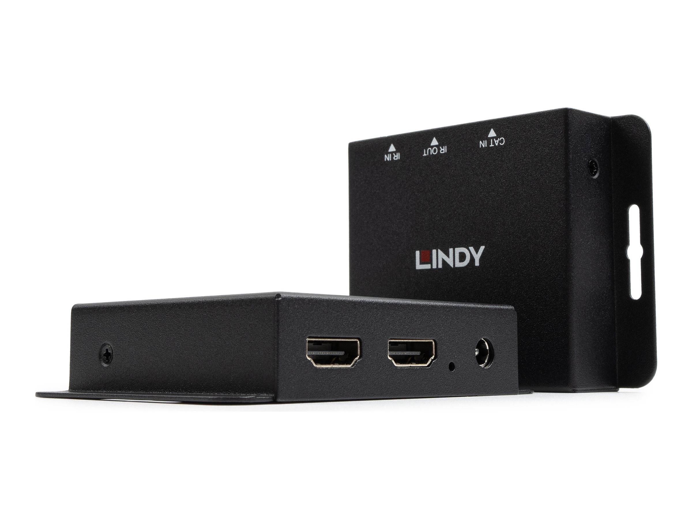 Zwei schwarze LINDY HDMI-Adapterkästen, einer flach liegend mit zwei sichtbaren HDMI-Anschlüssen und einer aufrecht stehend mit Signalrichtungspfeilen.