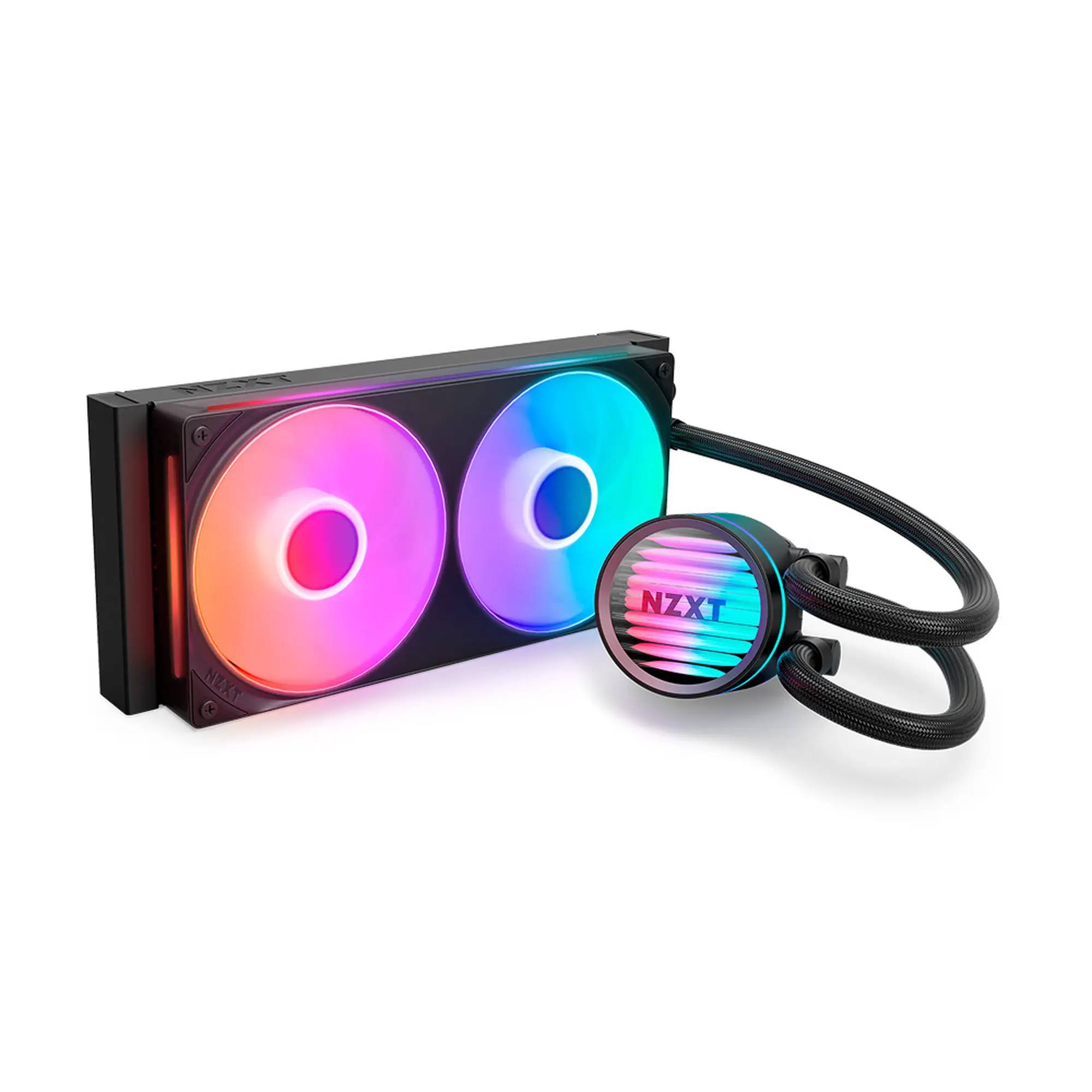 Ein Flüssigkühlsystem für Computer mit zwei RGB-beleuchteten Lüftern und einem Schlauchsystem, entwickelt zur Verbesserung der PC-Leistung und Temperaturregelung.