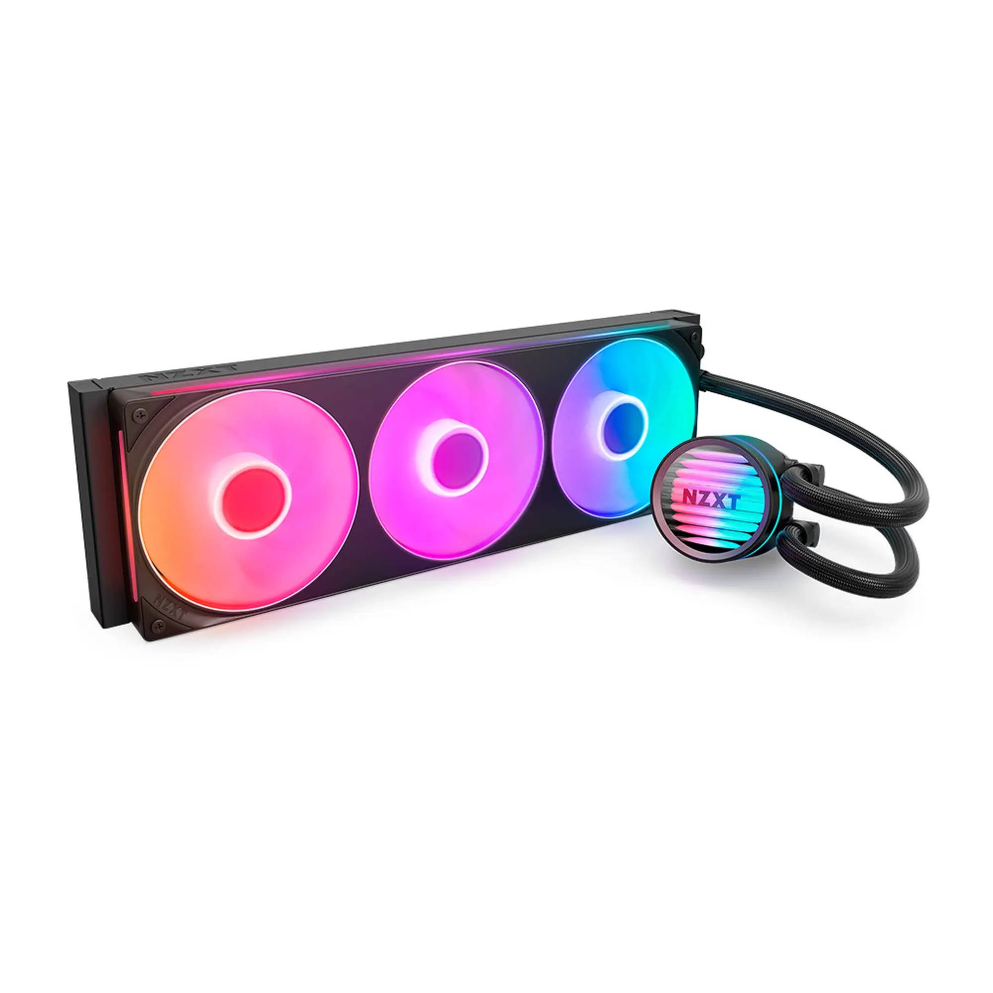 Ein Flüssigkeitskühlung-System mit drei RGB-Lüftern und einer Pumpe mit dem 'NZXT' Logo, entwickelt zur Wärmeregulierung von Computern.