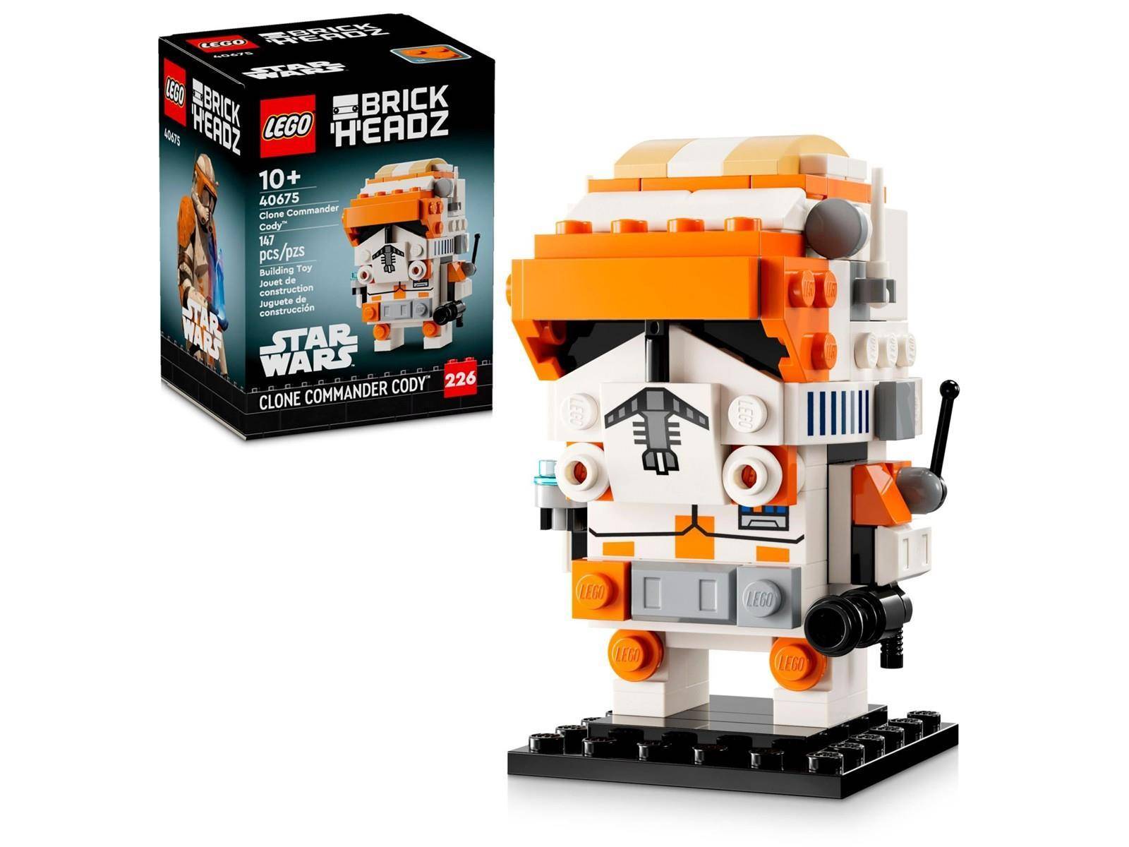 LEGO BrickHeadz Star Wars Klon-Kommandant Cody Figur neben ihrer Produktbox auf weißem Hintergrund dargestellt.