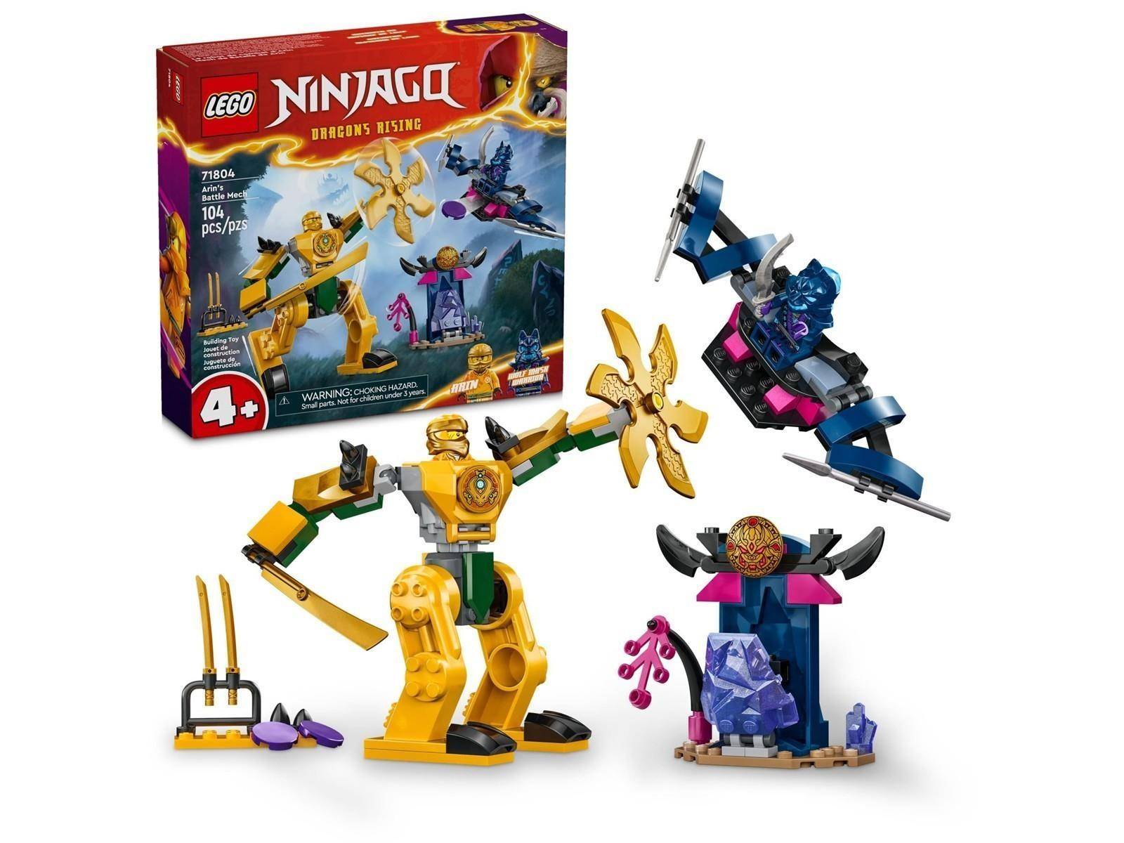 LEGO NINJAGO Drachen-Spielset mit Schachtel mit vier baubaren Figuren und Zubehör, einschließlich eines großen goldenen Mechs, einer blauen fliegenden Kreatur und einer violetten Plattform des Bösewichts.