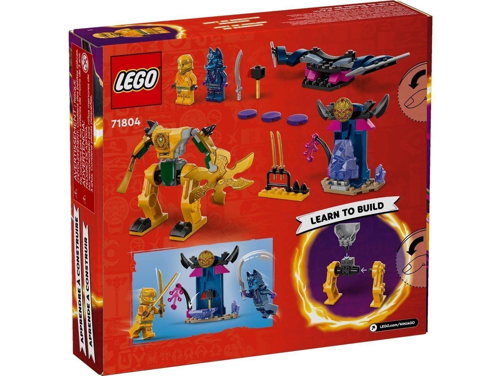 LEGO NINJAGO Set 71804 Schachtel zeigt einen gelben Mech-Bausatz, eine lila-blaue Figur und ein fliegendes Schiff mit der Grafik „Learn to Build