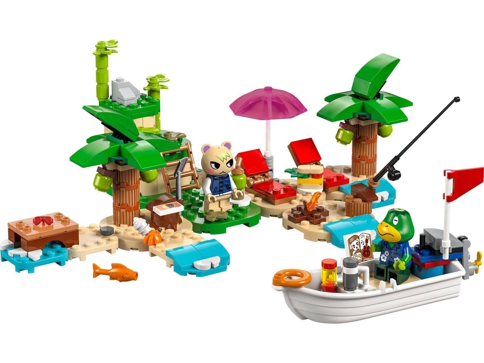LEGO Strandszene mit Palmen, Liegestühlen, Schirm, Fischen und einem kleinen Boot mit einer Fischerfigur und einer Flagge.