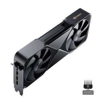 Eine schwarze Grafikkarte mit zwei großen Lüftern. Sie verfügt über ein NVIDIA-Logo in der Ecke und eine Darstellung eines 4-poligen Stromanschlusses.