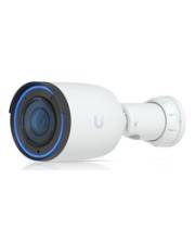 Eine weiße, zylindrische Überwachungskamera mit einem blauen LED-Ring um das Objektiv; auf einer Wandhalterung montiert, was auf Überwachungsfähigkeiten hinweist.