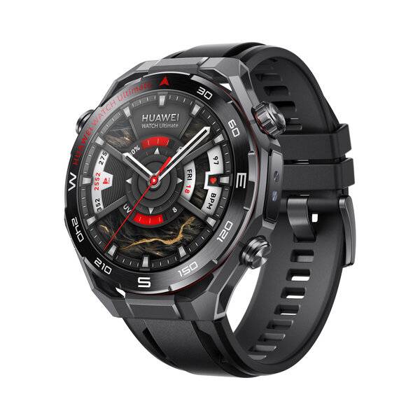 Schwarze Huawei Watch Ultimate Smartwatch mit rundem Analogdisplay, roten Akzenten und schwarzem Gummiband auf weißem Hintergrund.