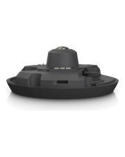 Ein kleiner, runder, grauer Roboterstaubsauger von oben betrachtet, der sein kreisförmiges Design und das zentral angebrachte erhöhte Sensormodul zur Schau stellt.