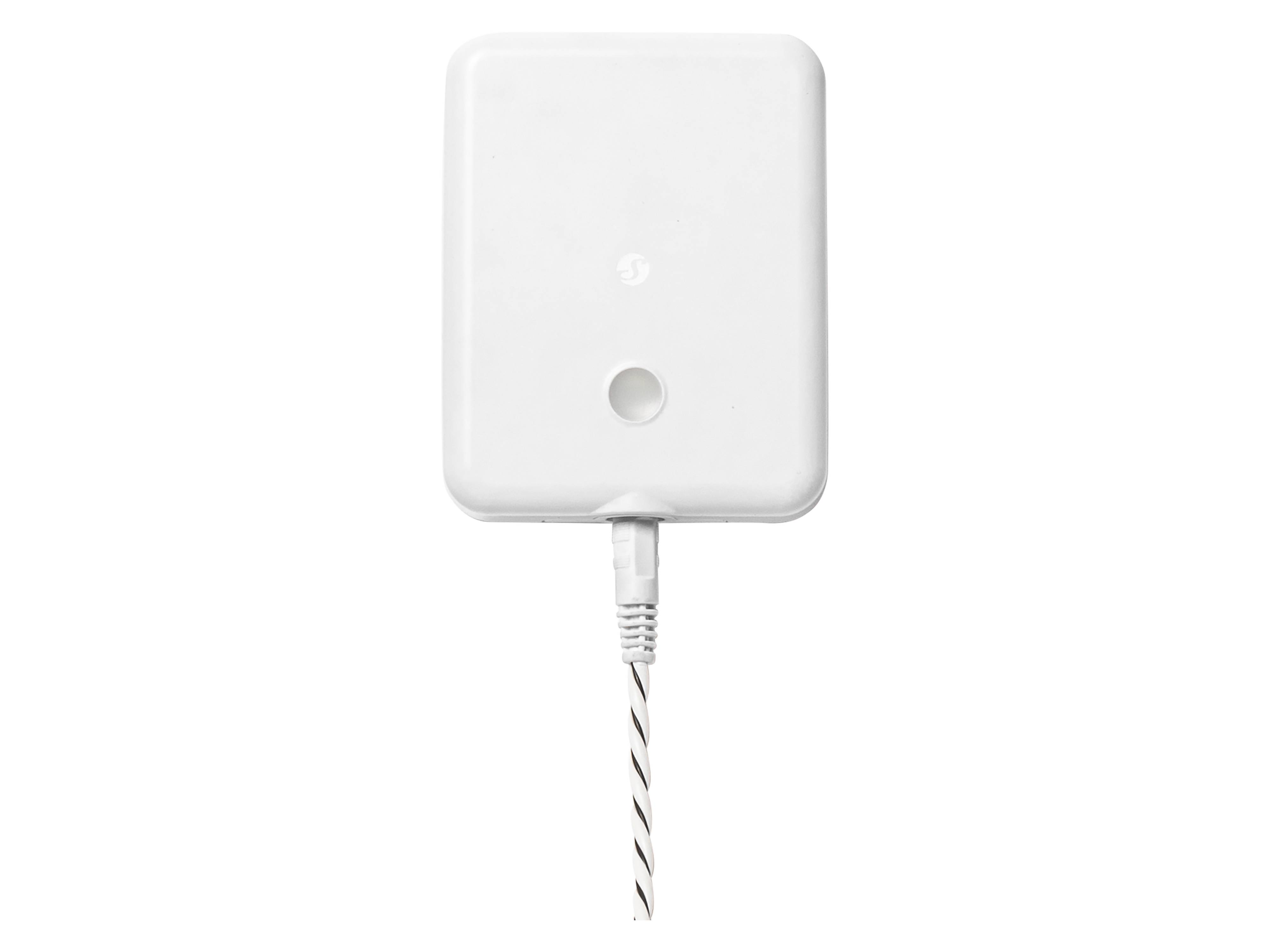 Ein weißes rechteckiges elektronisches Gerät mit einer einzelnen Taste und einem Kabel, das sich von unten erstreckt, möglicherweise ein Sensor oder eine Kontrolleinheit.