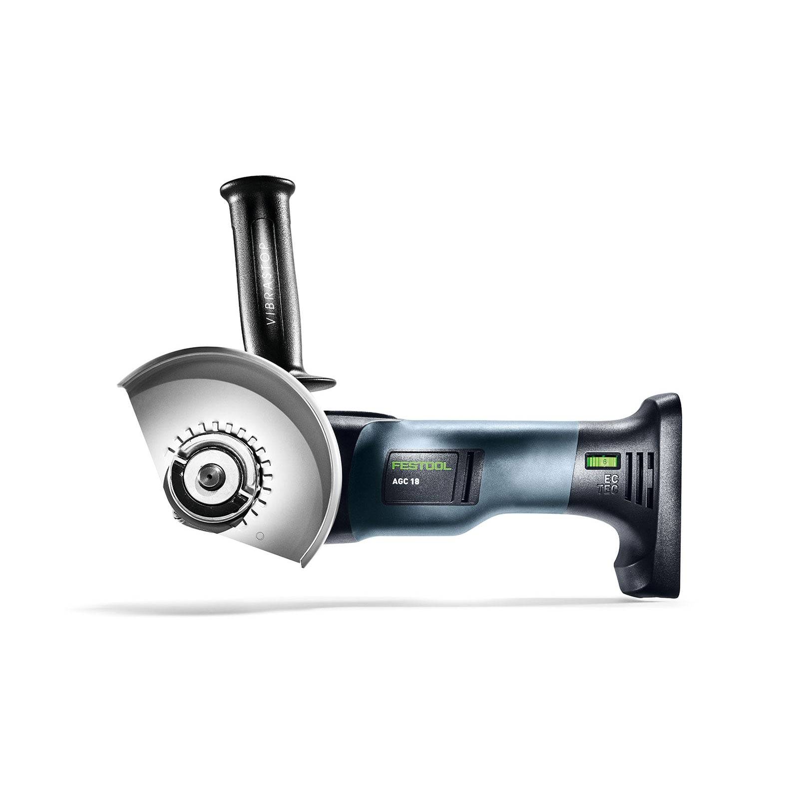 Kabelloser Winkelschleifer mit Seitengriff und elegantem Design, der Marke 'Festool AGC 18', geeignet für Schneid- und Schleifarbeiten.