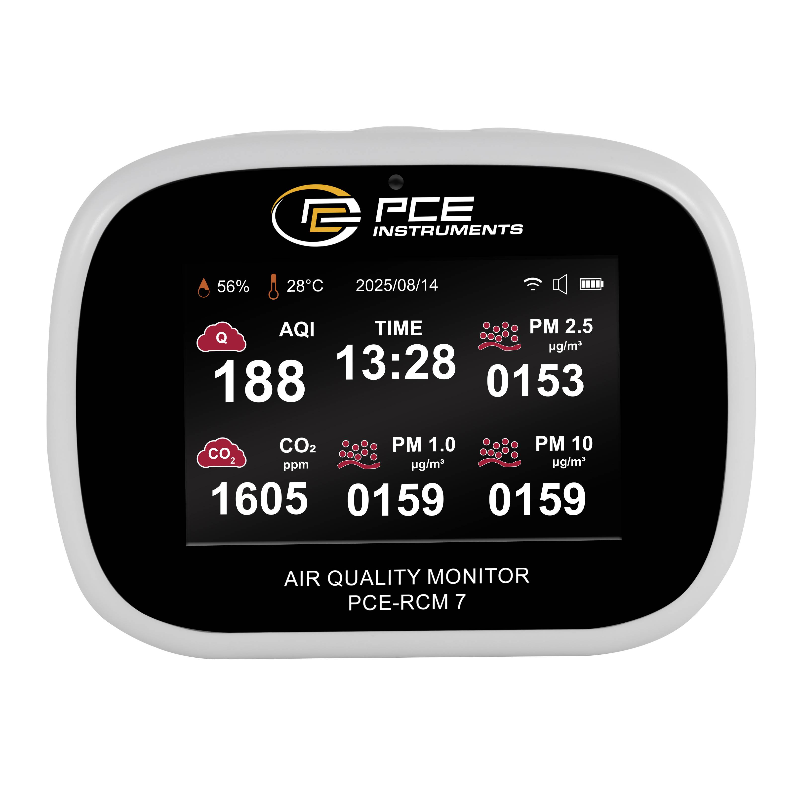 Luftqualitätsmonitor zeigt AQI 188, PM2,5 153μg/m³, PM10 159μg/m³, CO2 1685ppm, HCHO 0,159mg/m³; Zeit 13:28; Datum 2025/08/14.