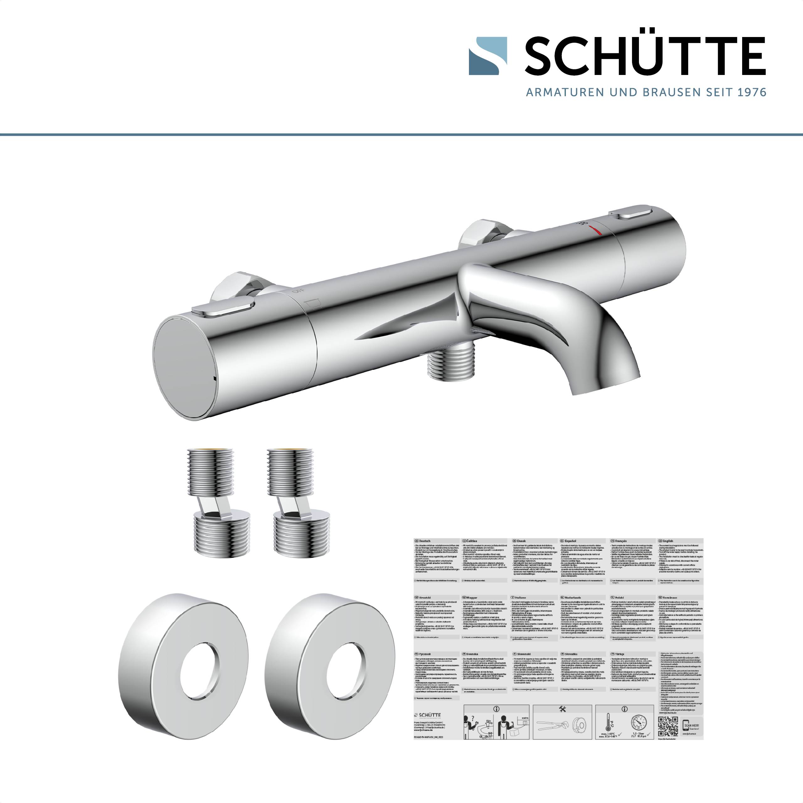 Duscharmatur-Set mit Installationszubehör und Firmenlogo; Anleitungen in mehreren Sprachen darunter dargestellt.