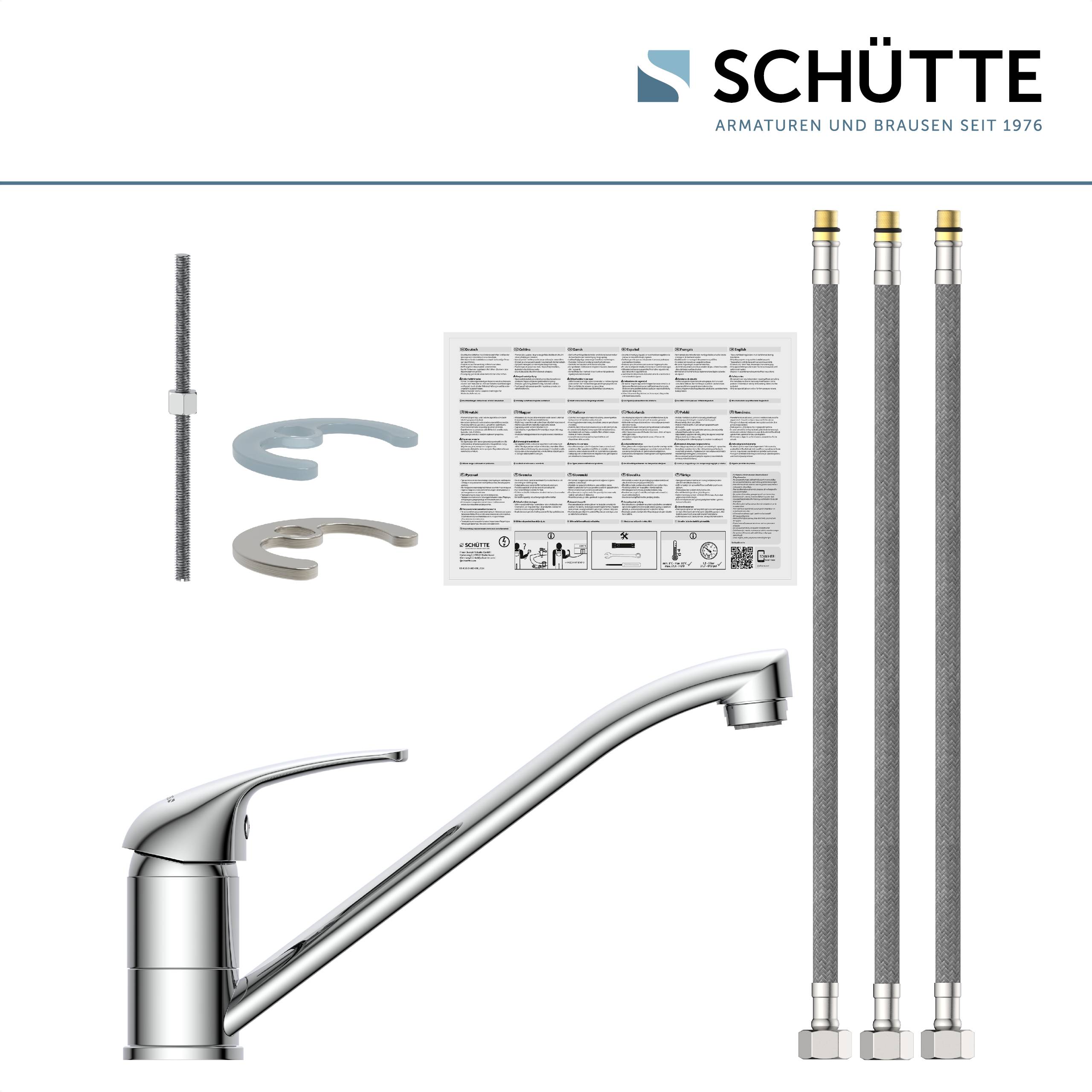 Ein silbernes Küchenarmatur-Set umfasst einen Wasserhahn, Schläuche, Befestigungsteile und eine Bedienungsanleitung und eignet sich ideal für die Installation in der Küche.