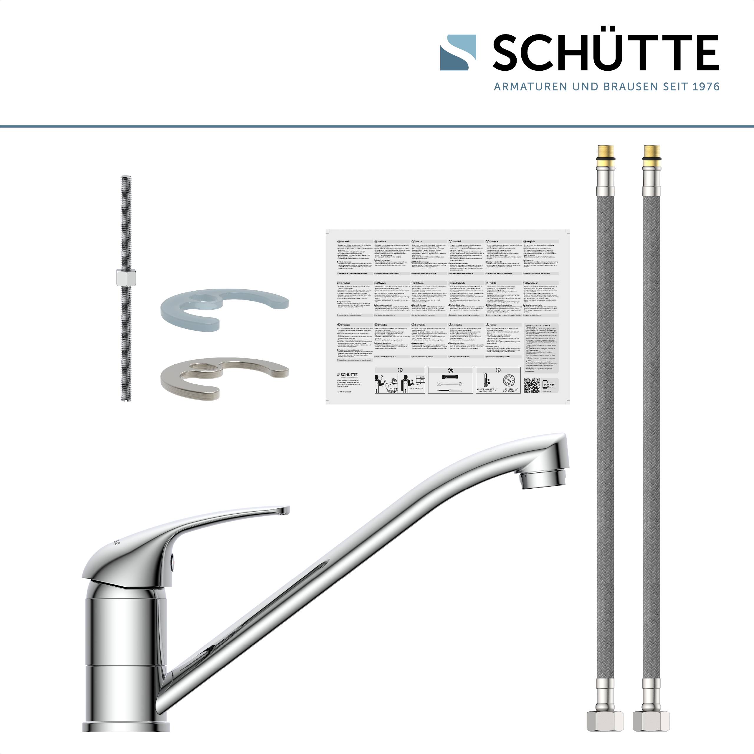 Armaturen-Set 'Schütte' inklusive einer Armatur, zwei Schläuchen, einer Bedienungsanleitung, Montagewerkzeugen und Dichtungen vor einem weißen Hintergrund.