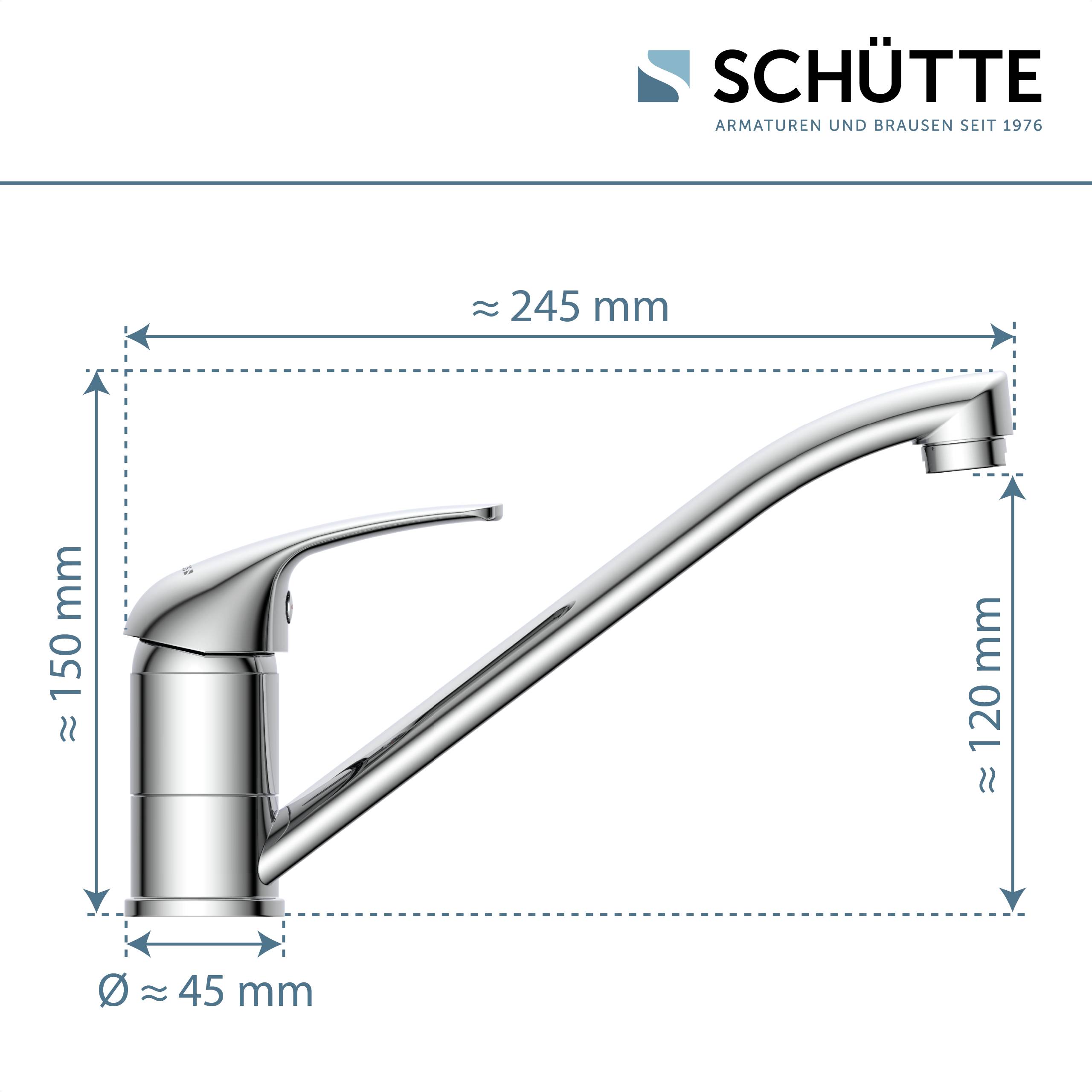 Ein Seitenansichtsbild eines silbernen Küchenarmaturzapfens mit Abmessungen: Höhe 150 mm, Reichweite 245 mm, Auslaufhöhe 120 mm und Basisdurchmesser 45 mm.