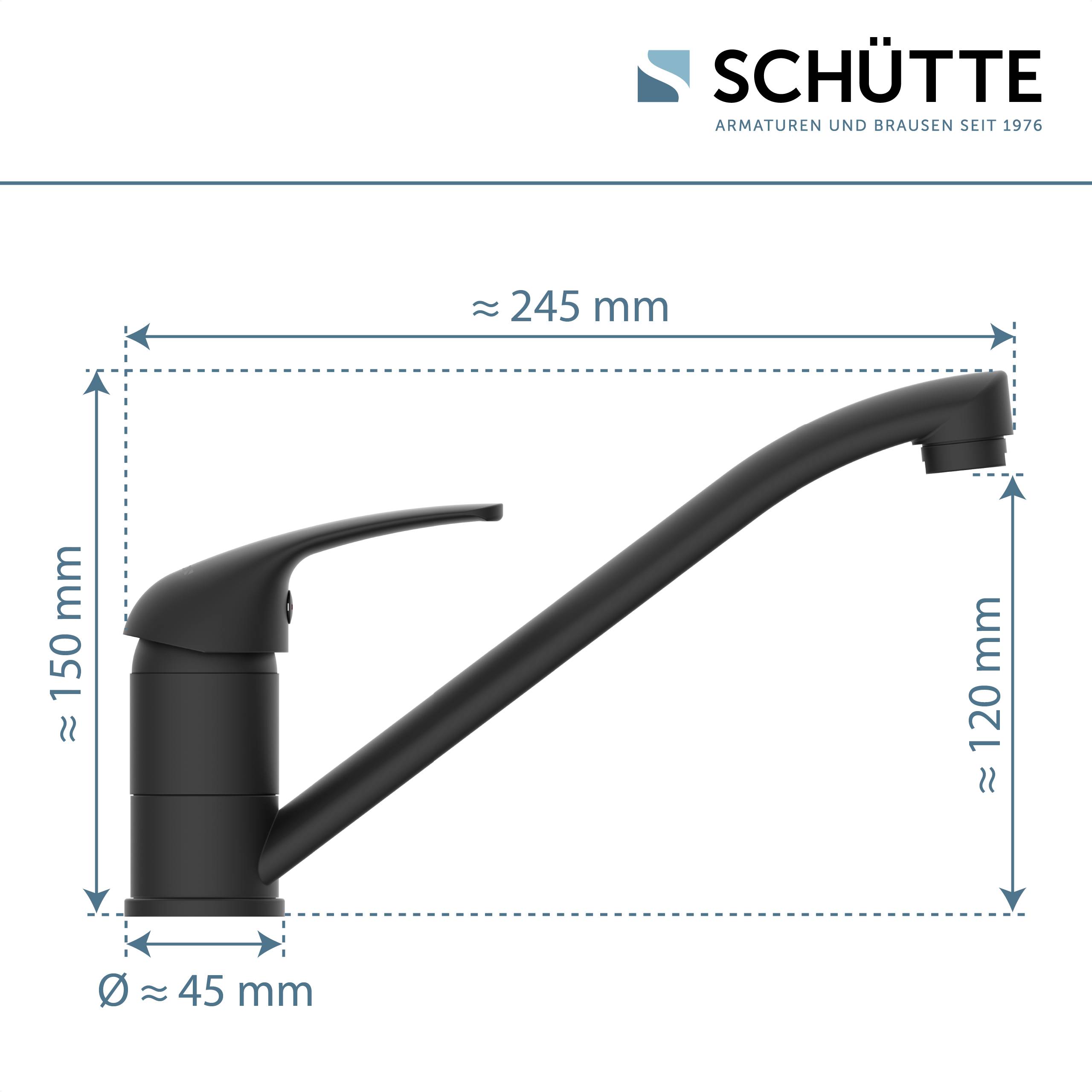 Ein schwarzer Küchenhahn; Abmessungen: Höhe 150 mm, Auslaufhöhe 120 mm, Reichweite 245 mm, Basisdurchmesser 45 mm.