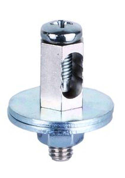 Ein Kamverschlussbolt in Silbermetallfarbton, mit einer kreisförmigen Basis und einem Gewindeabschnitt für eine sichere Befestigung beim Möbelaufbau.