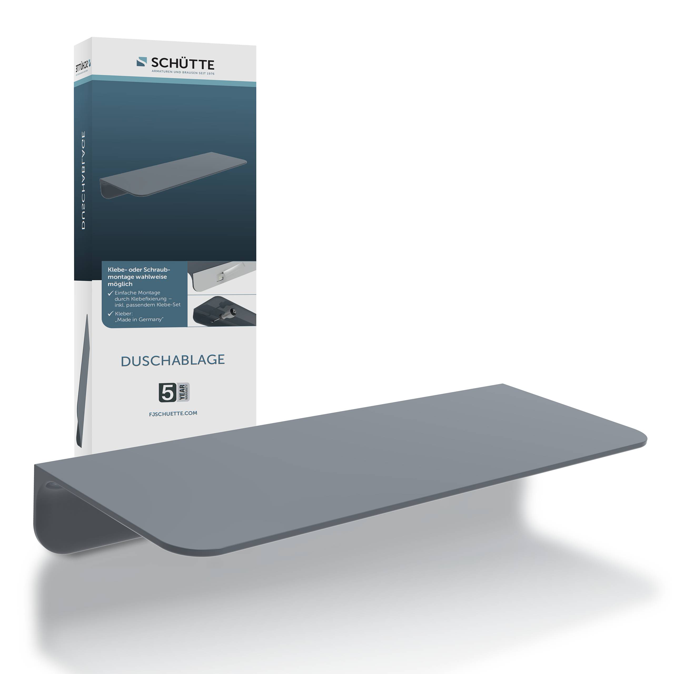 Ein schwebendes graues Duschregal mit modernem Design, neben seiner Verpackung präsentiert. Der Text auf der Schachtel zeigt eine 5-Jahres-Garantie an.