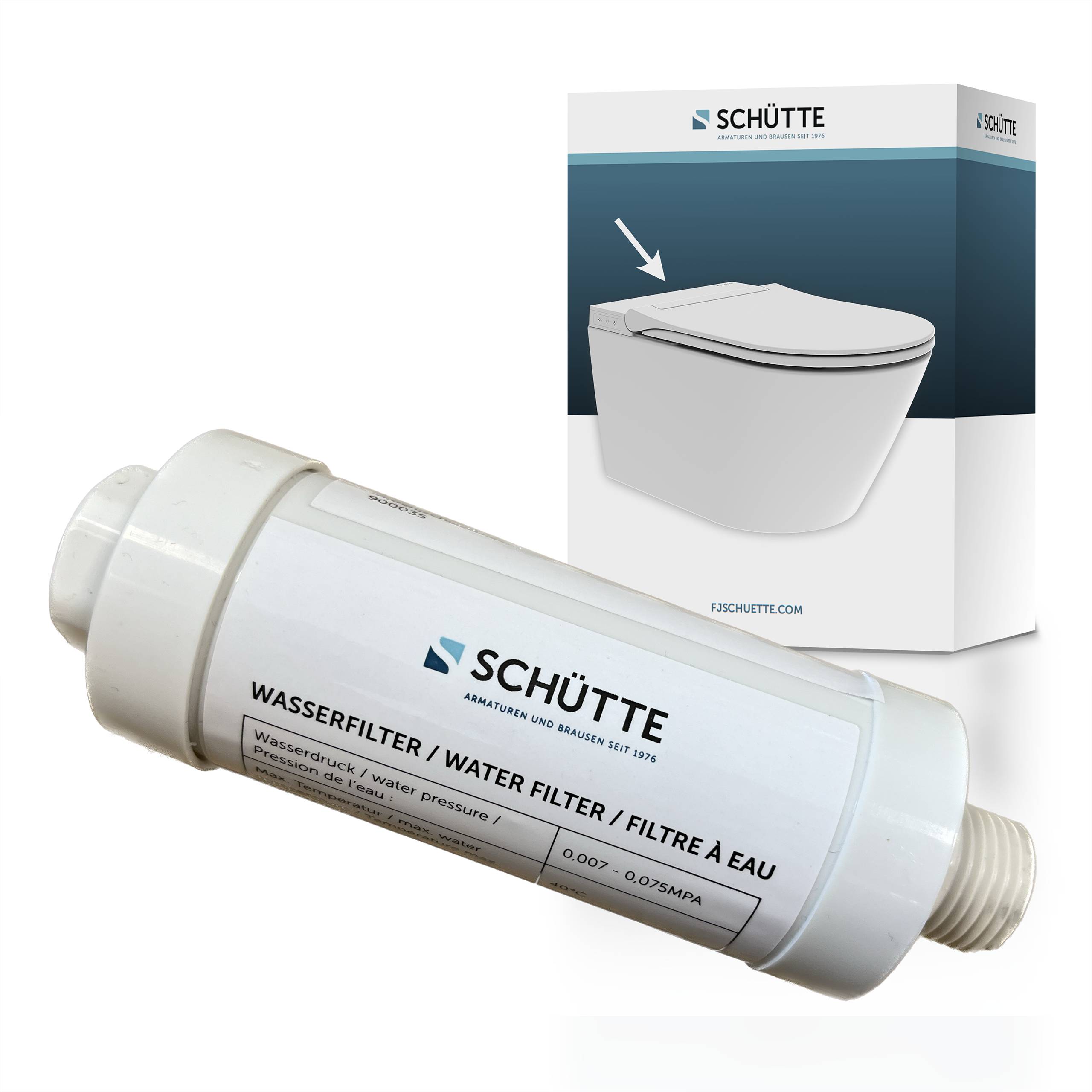 Schütte-Wasserfilterpatrone mit ihrer Verpackung gezeigt, gekennzeichnet für die Verwendung mit Toiletten und Wasserdruckregelung.