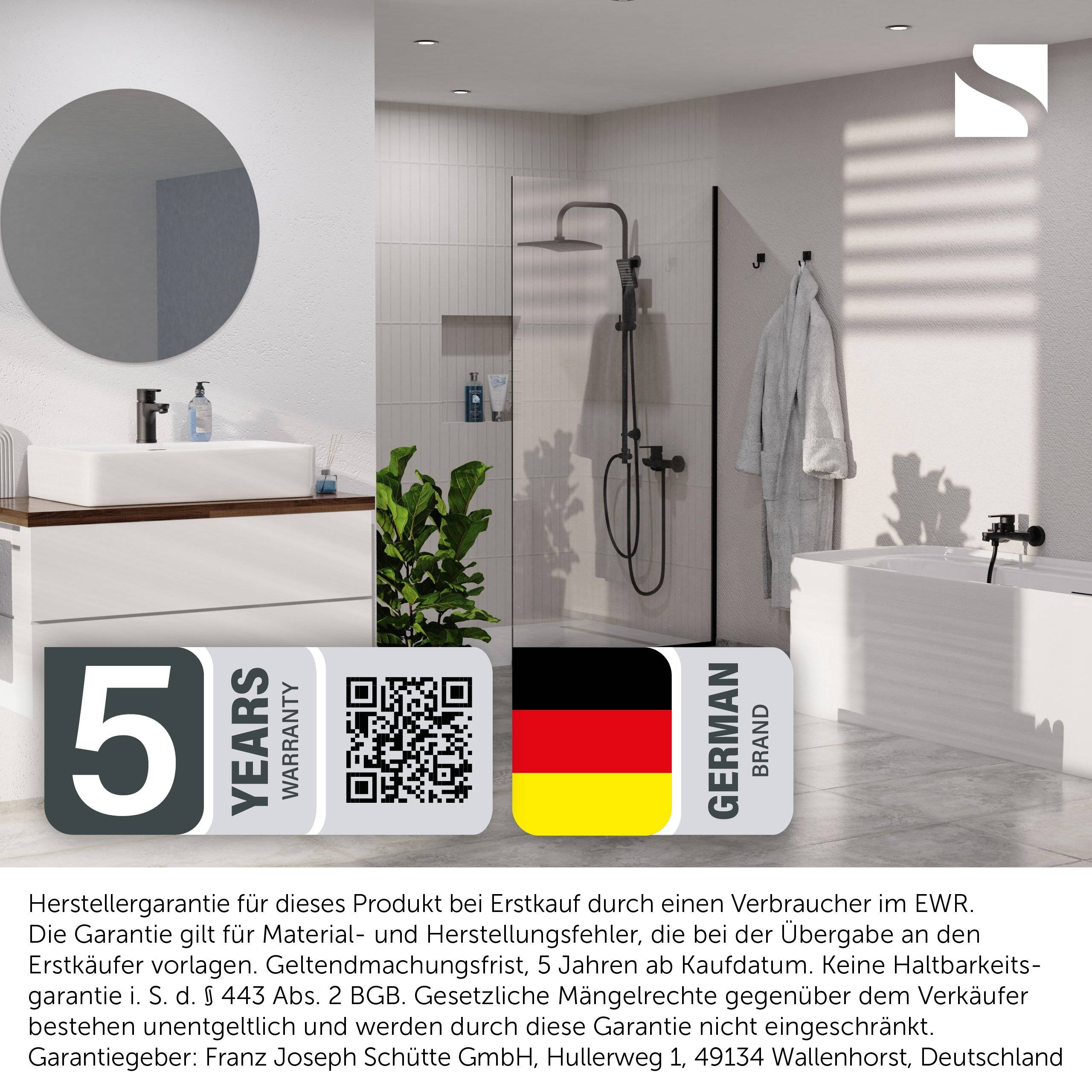 Modernes Badezimmer mit Waschbecken, rundem Spiegel, Dusche und hängendem Bademantel, überlagert mit Garantiebadge mit der Aufschrift „5 JAHRE