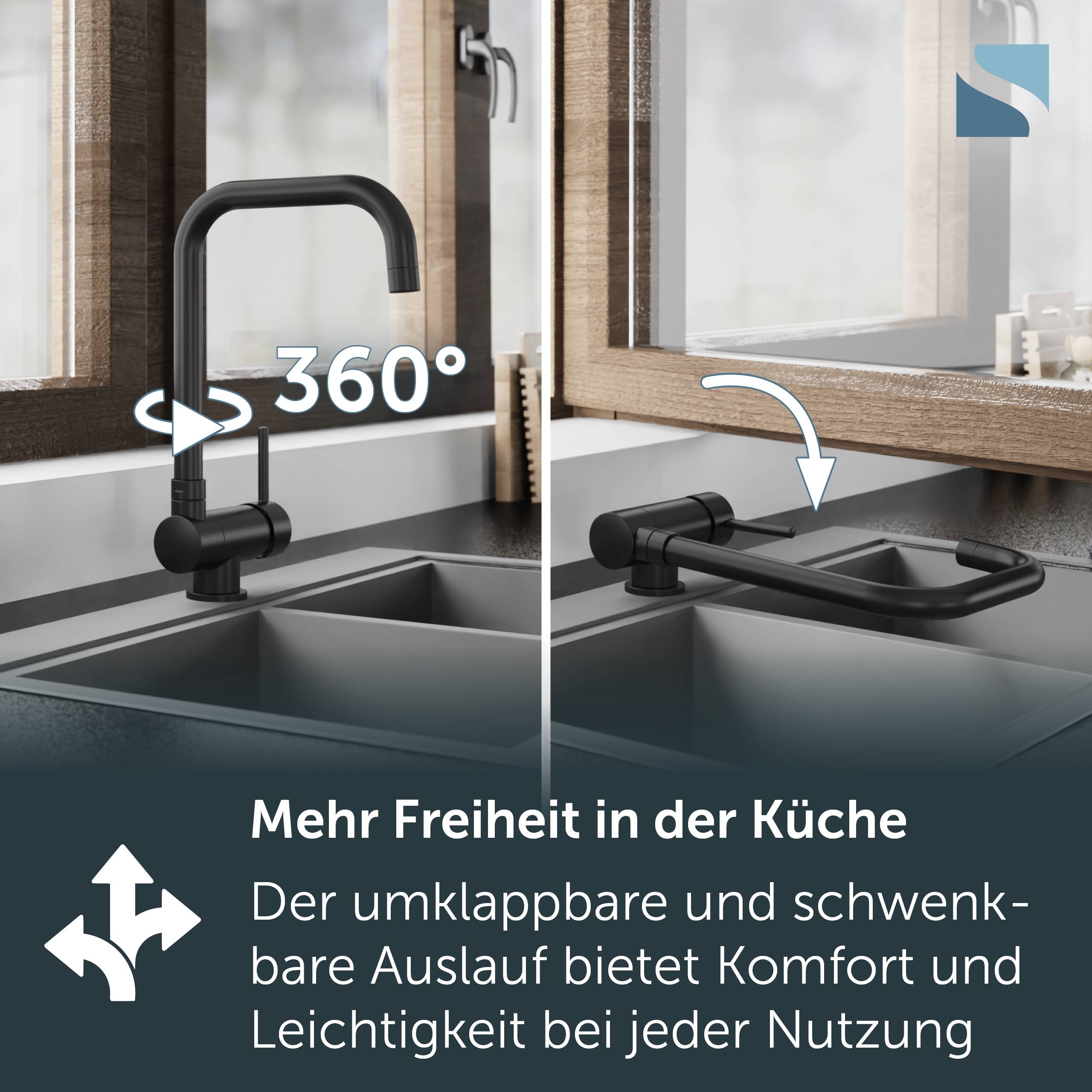 Schwarzer Küchenarmatur mit herunterklappbarem, schwenkbarem Auslauf, aufrecht und über einem Spülbecken abgesenkt gezeigt, wobei die 360°-Drehung hervorgehoben wird; deutscher Text bewirbt mehr Freiheit in der Küche.