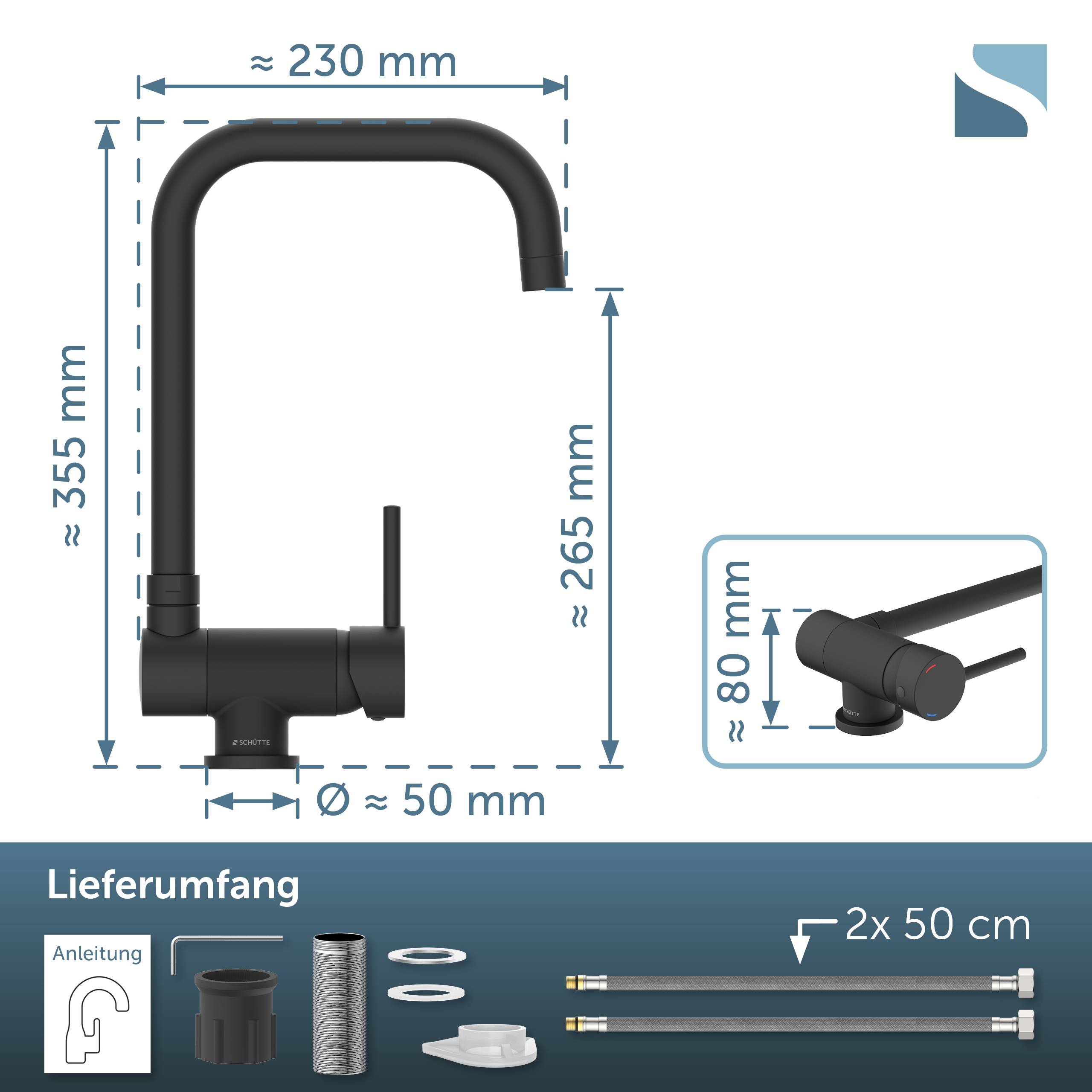 Schwarzer geschwungener Küchenarmatur mit Abmessungen: etwa 355 mm Höhe, 230 mm Breite, 265 mm Auslaufhöhe, 50 mm Basisdurchmesser, plus enthaltene Teile und 2x 50 cm Schläuche.