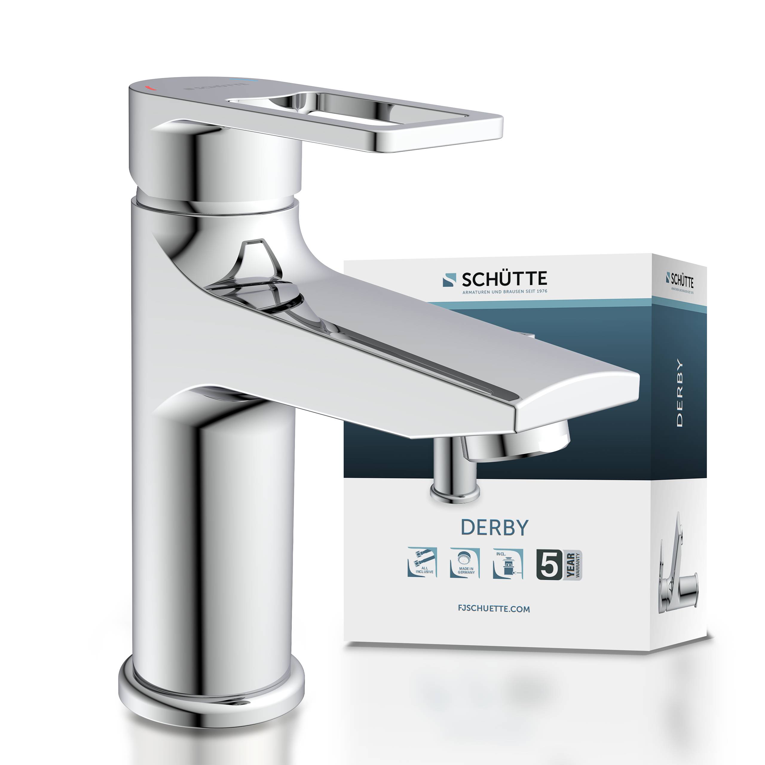 Ein eleganter verchromter Badezimmerhahn mit einem rechteckigen Griff, der neben einer Schachtel mit der Aufschrift „DERBY