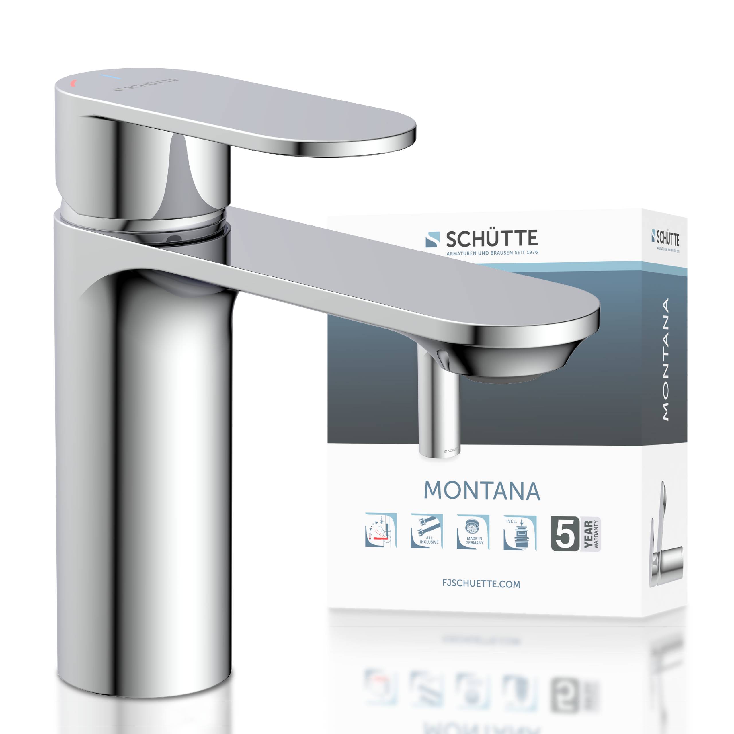 Eingriff-Badezimmerhahn aus Chrom, der vor seiner Schütte Montana Produktbox angezeigt wird.
