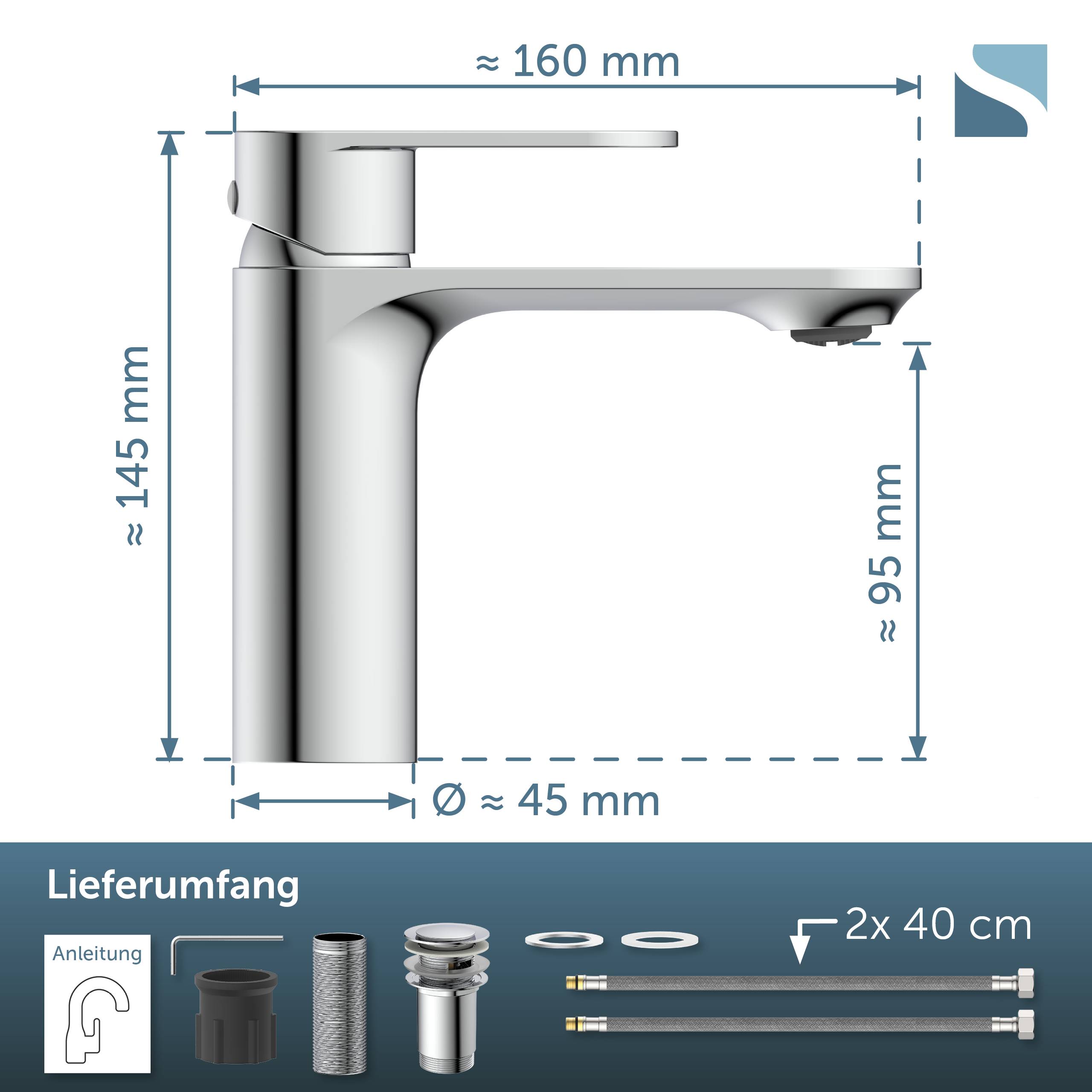 Badezimmerwaschtischmischer mit Abmessungen: etwa 160 mm breit, 145 mm hoch, 95 mm Auslaufhöhe, 45 mm Durchmesser; enthält Installationsset mit Schläuchen und Teilen.