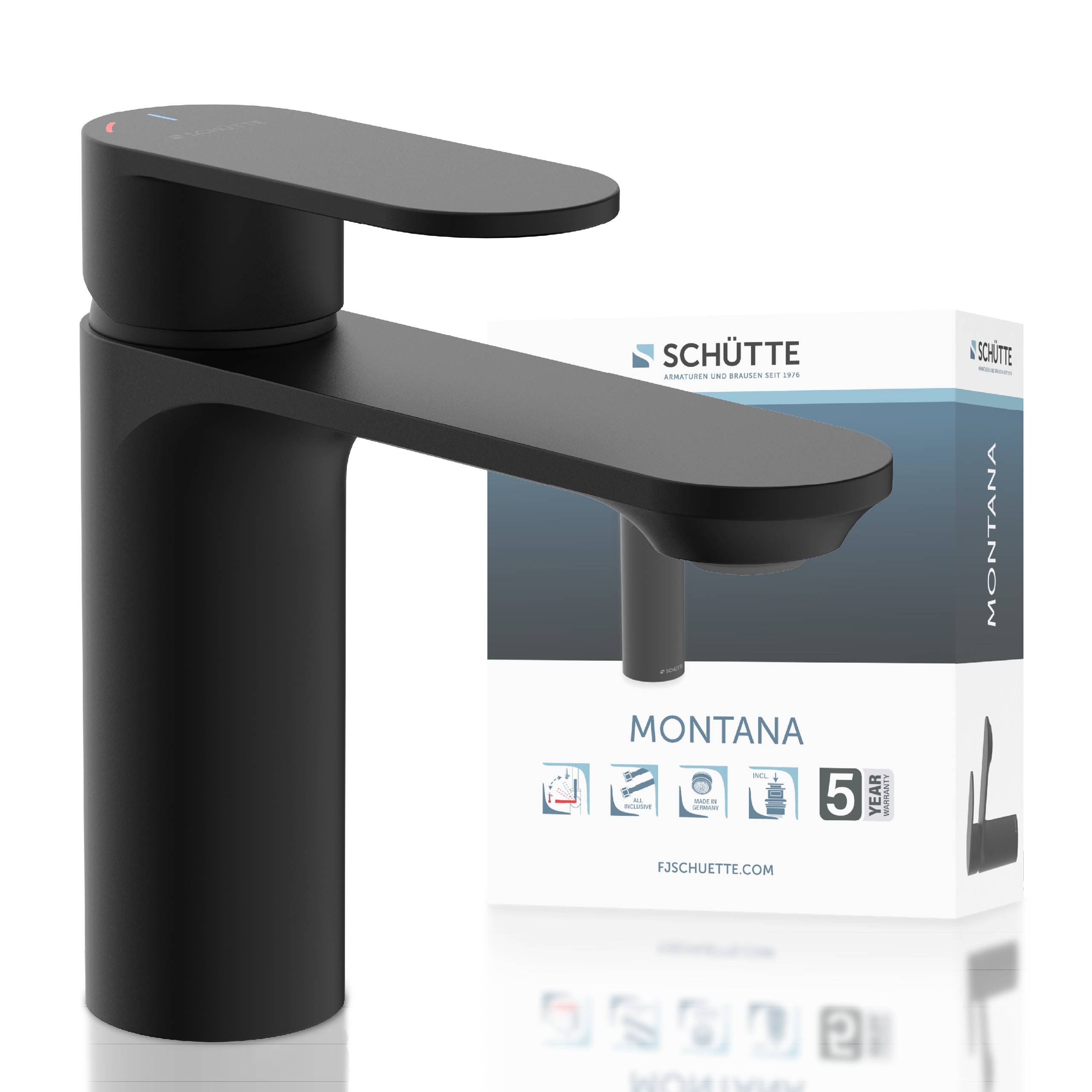 Schwarzer matter Einhebel-Wasserhahn neben seiner Schütte Montana-Produktbox auf weißem Hintergrund.