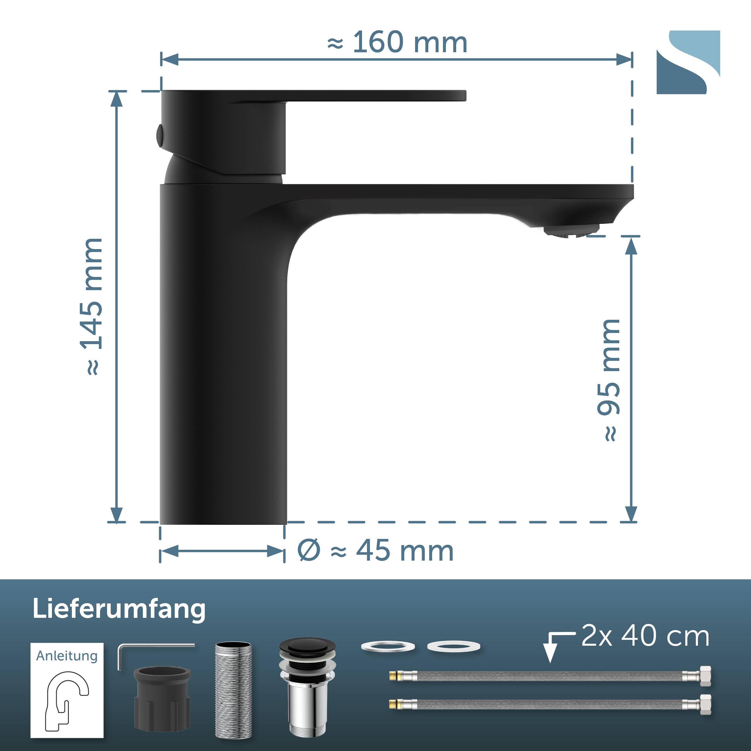 Schwarzer Einhebelarmatur mit Abmessungen: etwa 160 mm breit, 145 mm hoch, 95 mm Auslaufhöhe, 45 mm Basisdurchmesser; enthält Installationskit mit Schläuchen und Bedienungsanleitung.