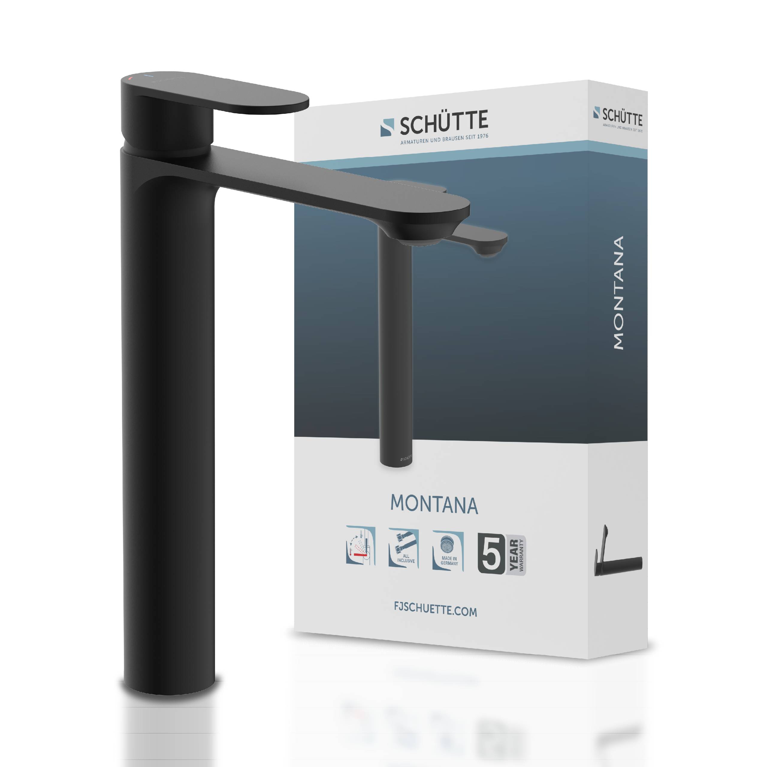 Black Schütte Montana Einhebel-Armatur neben ihrer Produktbox auf weißem Hintergrund dargestellt.
