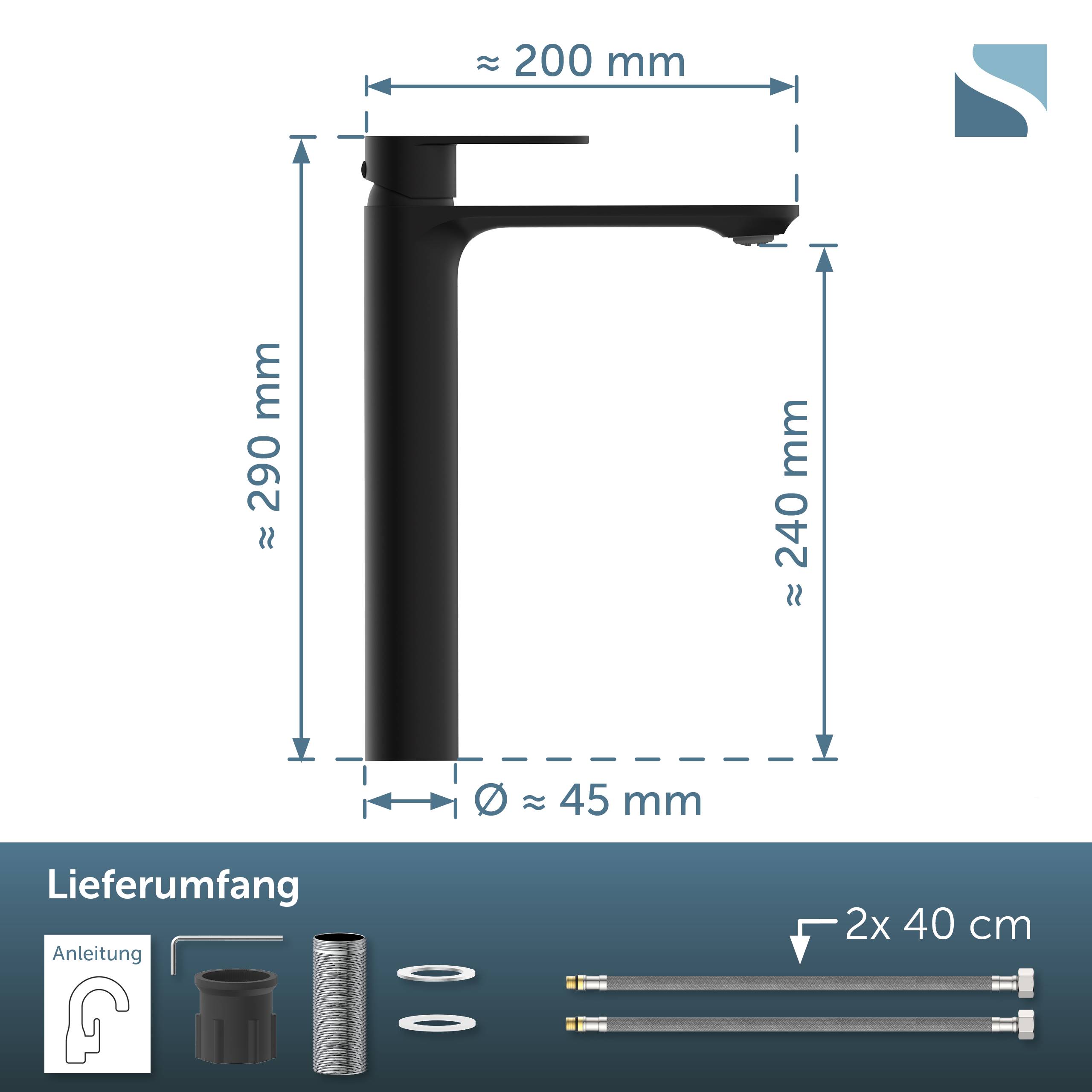 Schwarze Einhoch-Armatur mit gekennzeichneten Abmessungen: ca. 290 mm Höhe, 200 mm Auslaufweite, 240 mm Ausgangshohe, 45 mm Basisdurchmesser; enthält unterhalb mit "Lieferumfang"" gekennzeichnete Installationsteile.