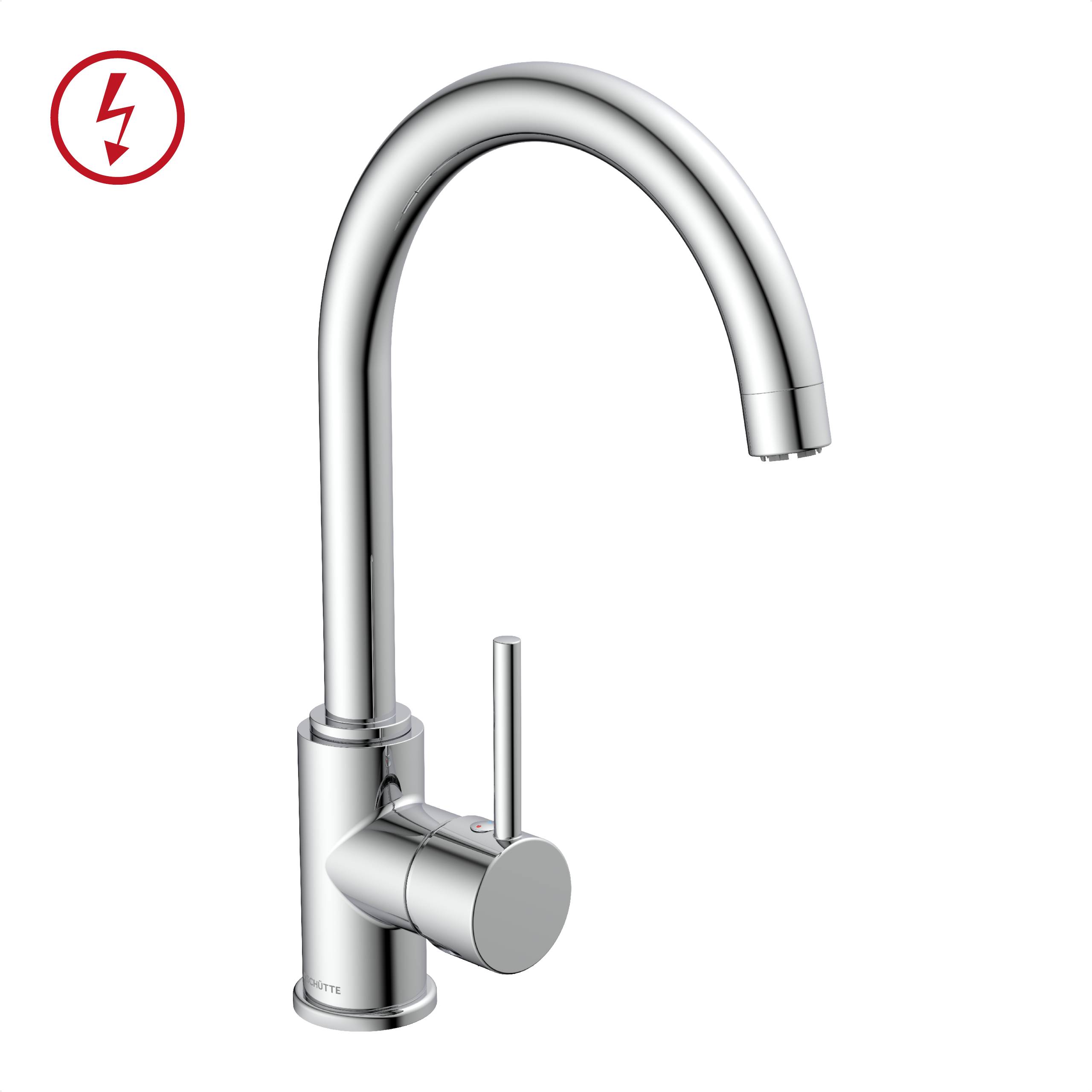 Verchromter Küchenhahn mit hohem, geschwungenem Auslauf und einhebeligem Griff an der Seite. Rotes Blitzsymbol in der oberen linken Ecke.