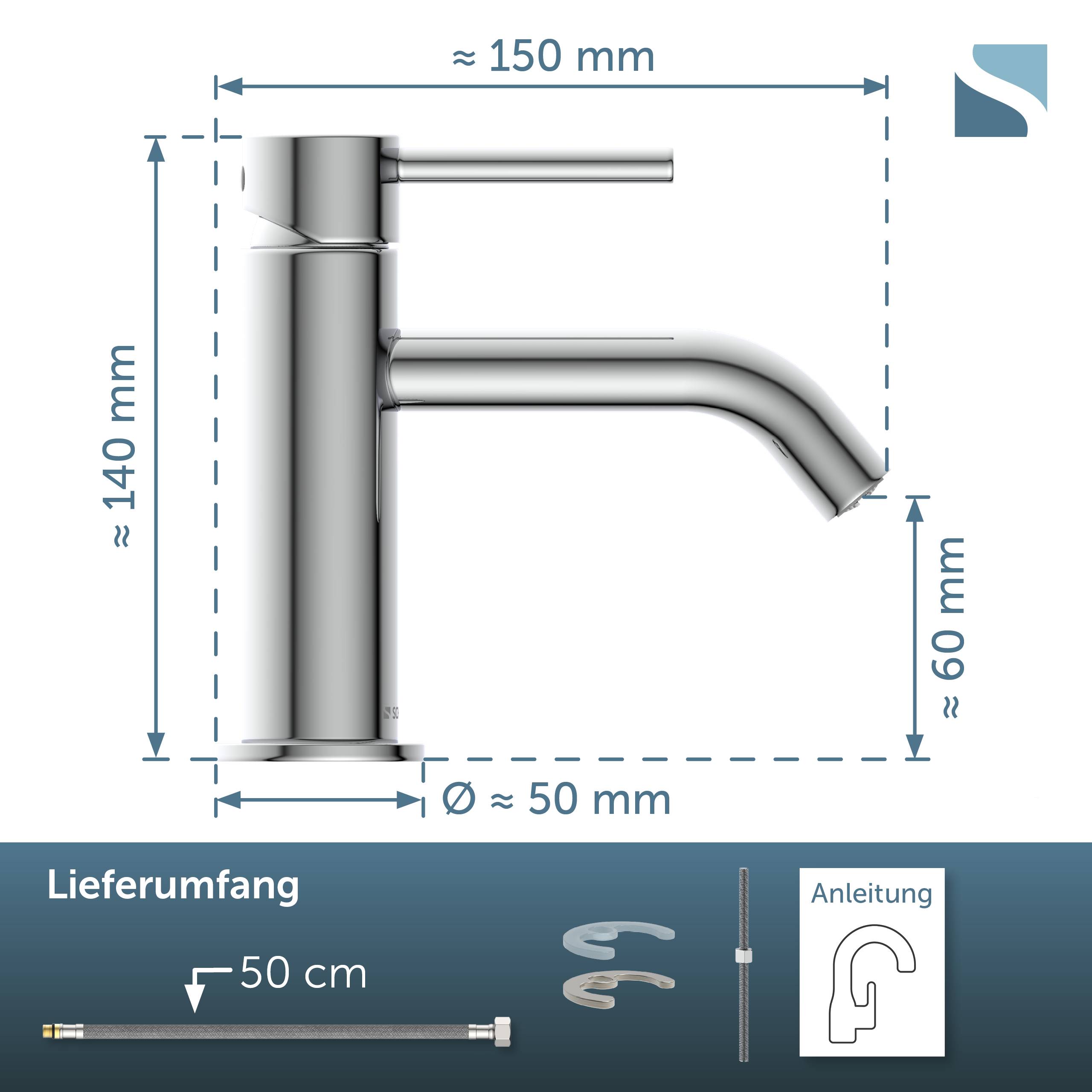 Technische Zeichnung eines Chromwasserhahns mit Abmessungen: etwa 150 mm breit, 140 mm hoch, 60 mm Auslaufhöhe, 50 mm Basisdurchmesser; enthält Lieferumfang und Bedienungsanleitung.