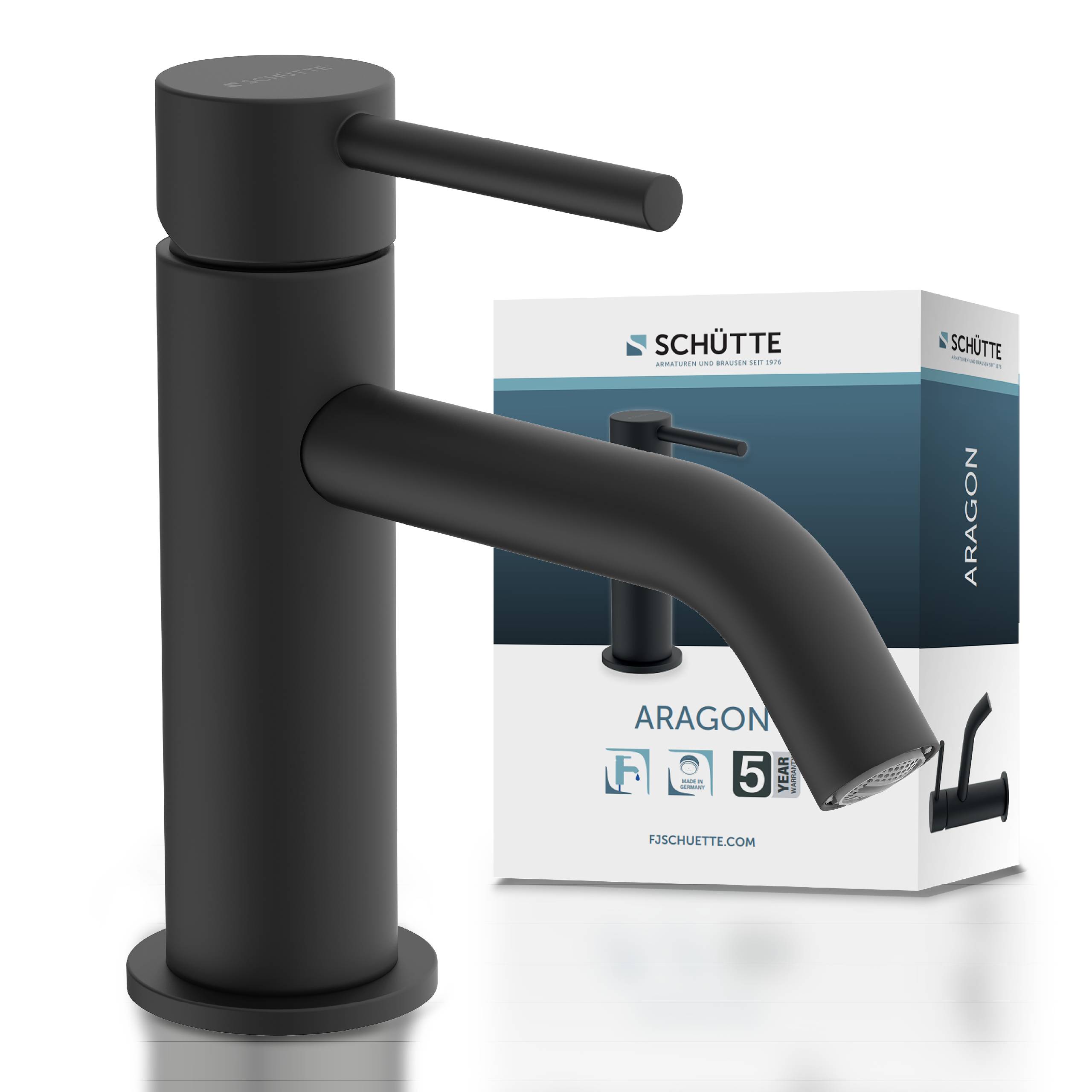Schwarze Schütte ARAGON Armatur, die neben ihrer Produktbox angezeigt wird und zeigt einen modernen Einhebel-Küchenhahn mit geschwungenem Auslauf.