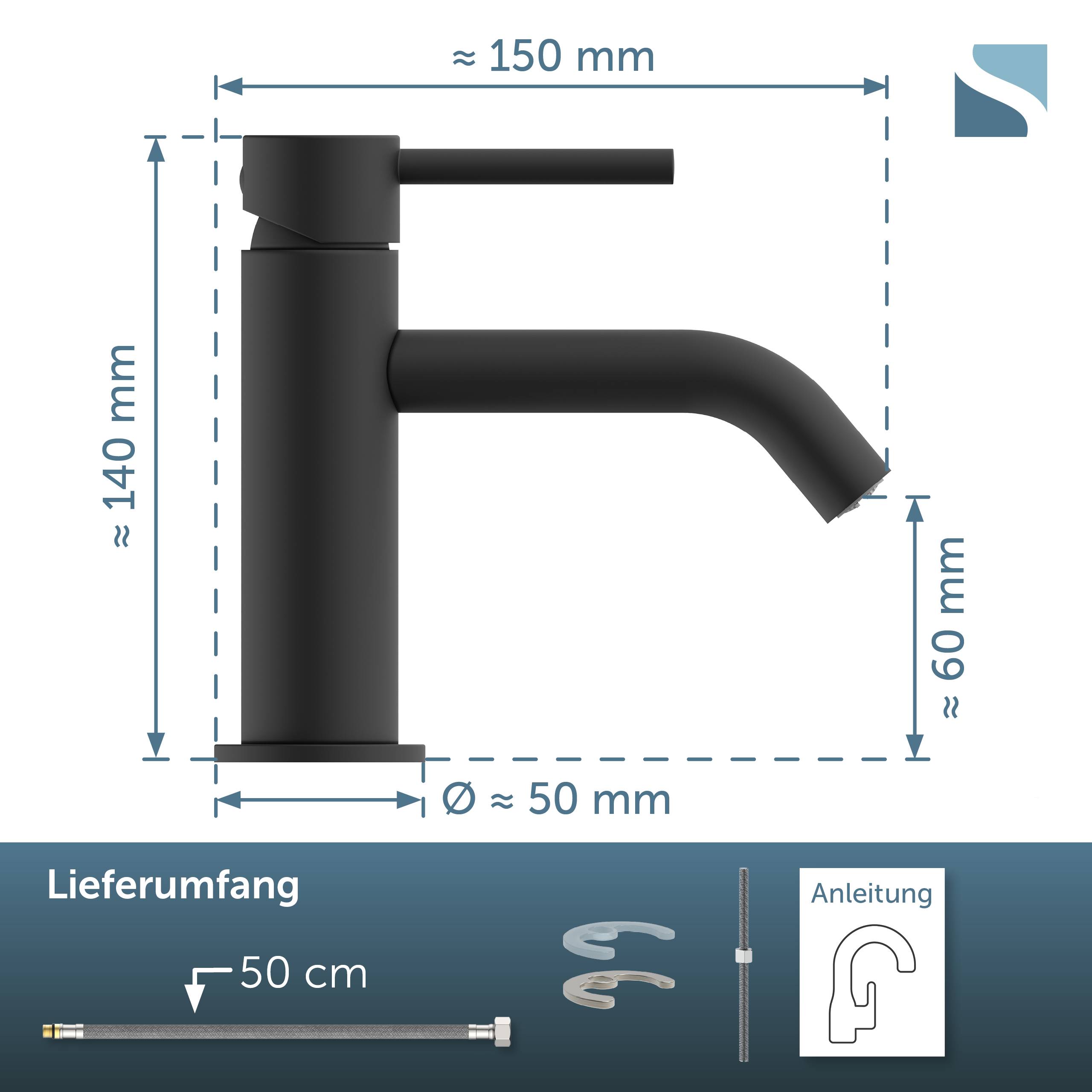 Schwarze Wasserhahn-Diagramm mit ungefähren Abmessungen: 150 mm breit, 140 mm hoch, 60 mm Auslaufhöhe, 50 mm Basisdurchmesser; enthält Paketinhalt unten.