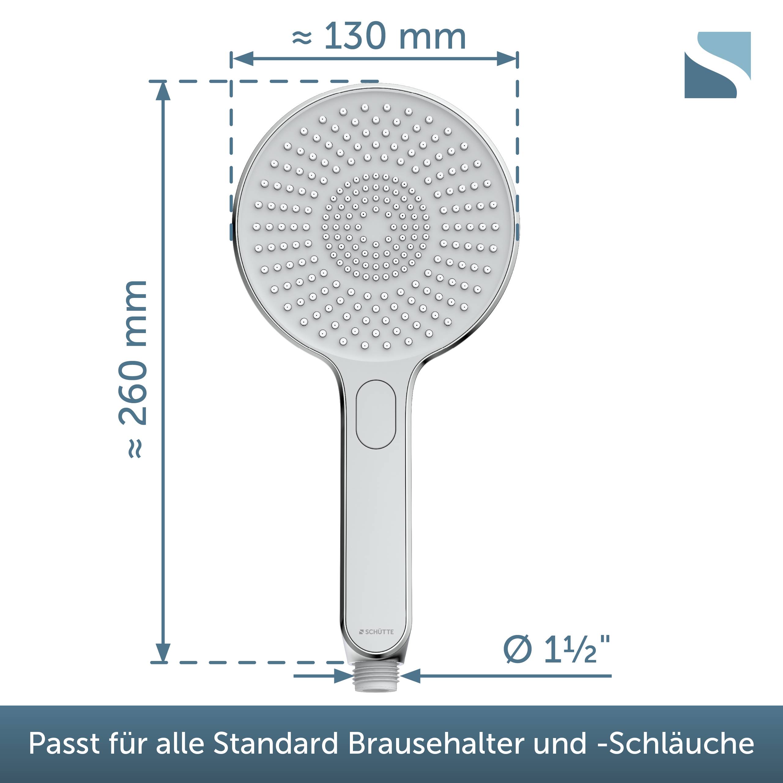 Illustration eines tragbaren Duschkopfs mit Maßen: etwa 260 mm hoch, 130 mm breit und 1,5-Zoll-Anschluss; die Beschriftung besagt, dass er in Standard-Duschhalter und Schläuche passt.