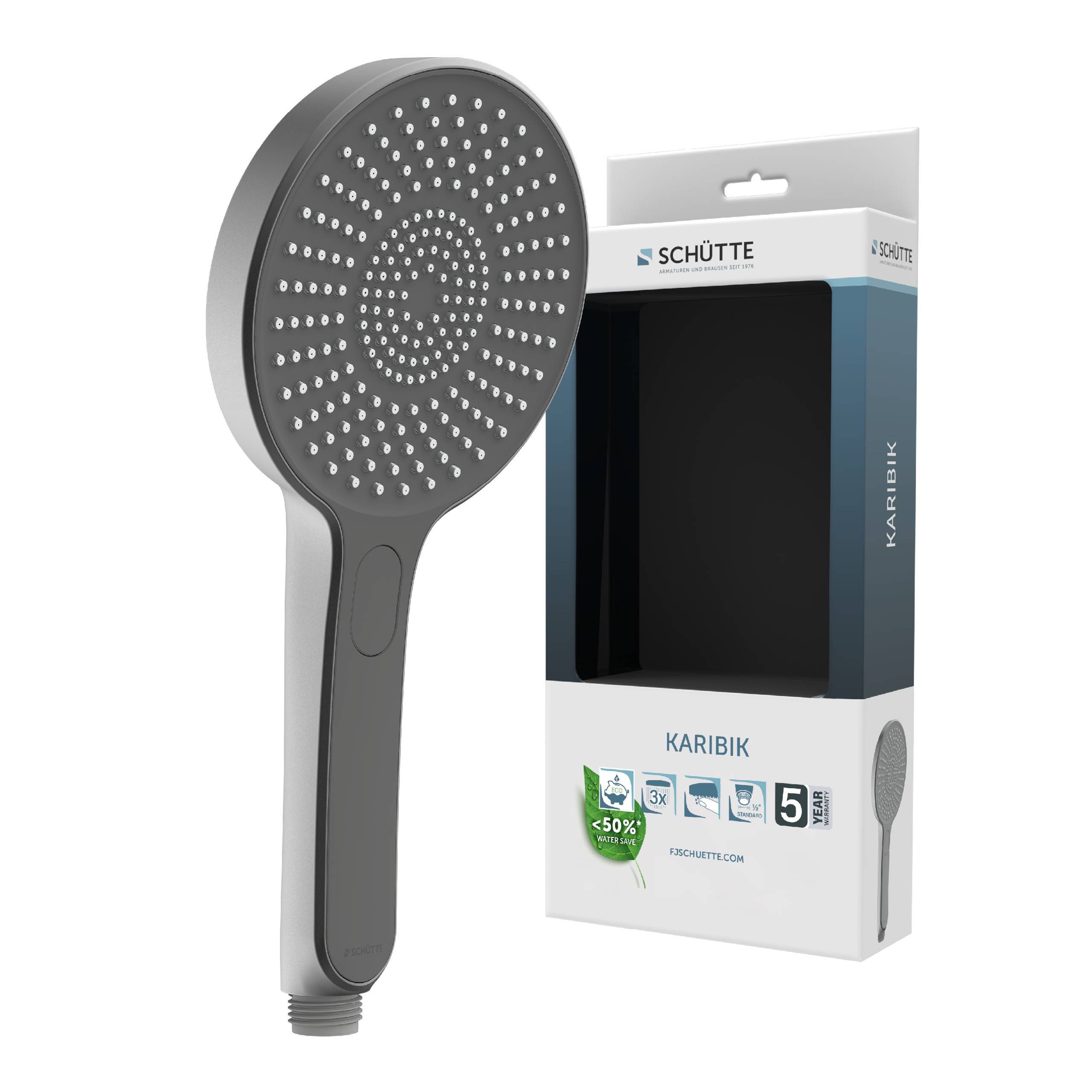 Ein grauer Handbrause mit mehreren Wasserstrahlen wird neben seiner Verpackung gezeigt, die mit 'Schütte Karibik' beschriftet ist.