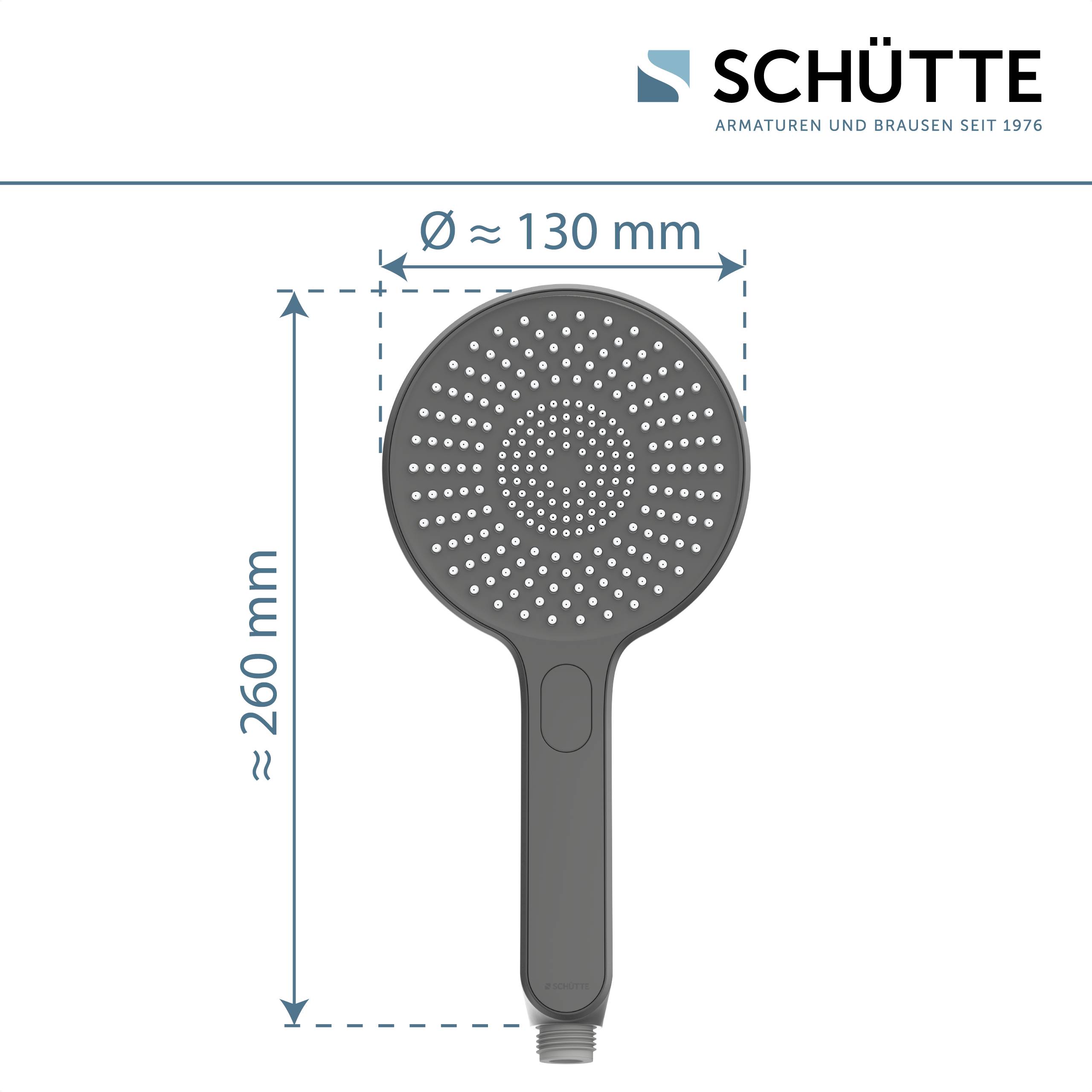 Grauer Duschkopf mit einer runden Fläche, 130 mm Durchmesser, angeschlossen an einen geraden Griff, 260 mm Länge. Markenname 'Schütte' oben rechts.