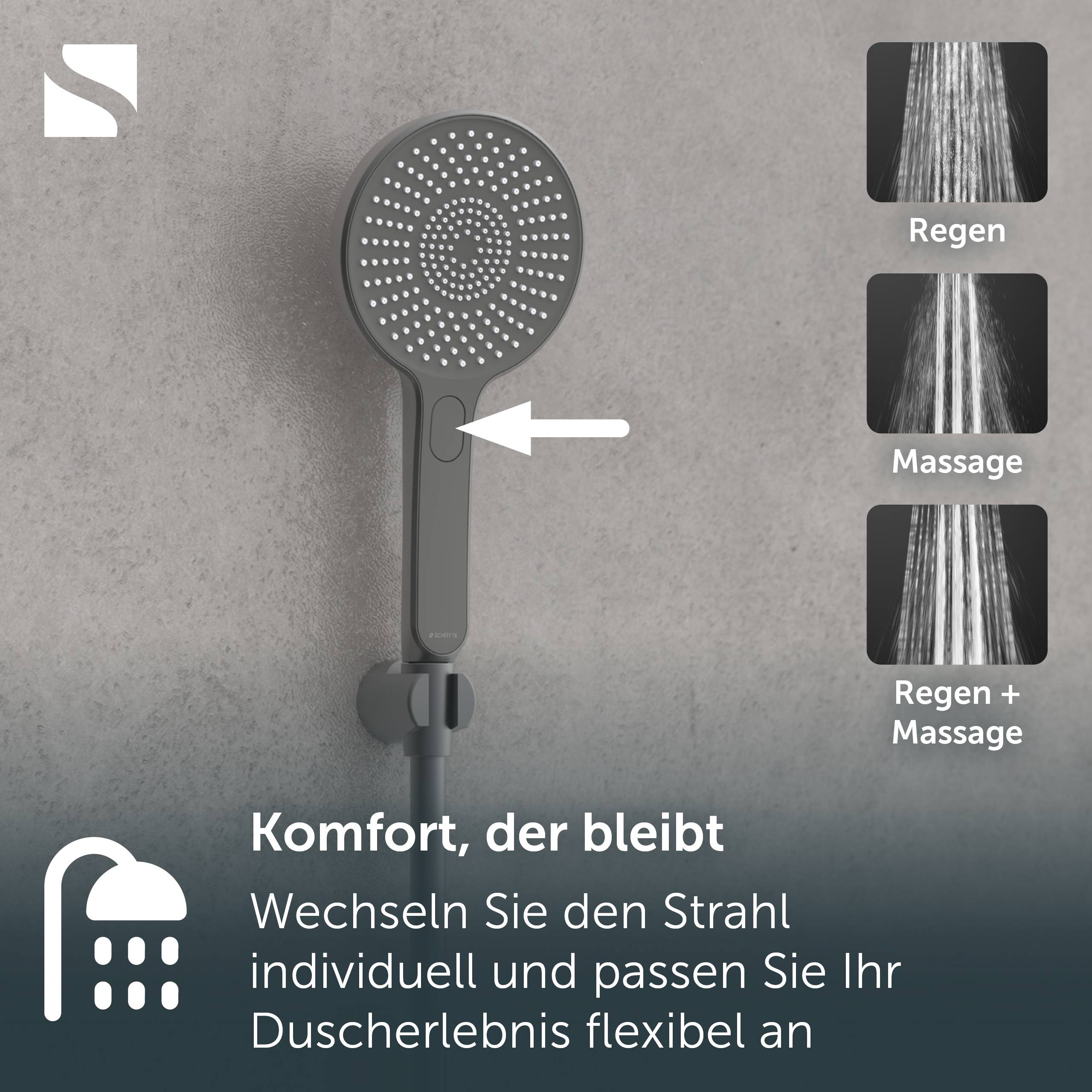 Tragbarer Duschkopf mit einer Taste zum Umschalten der Sprüharten; Seitensymbole zeigen "Regen"", ""Massage"" und ""Regen + Massage"" mit deutschem Text über anpassbaren Komfort.