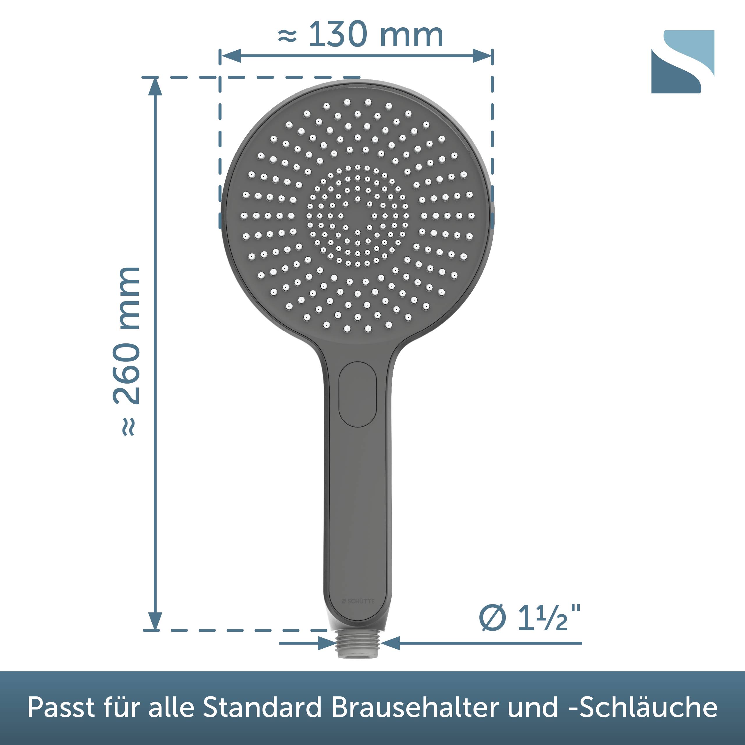 Illustrierte runde tragbare Brausekopf mit Griff, dargestellt mit Abmessungen: etwa 260 mm Höhe, 130 mm Breite und 1½-Zoll-Anschluss; gekennzeichnet als passend für Standard-Brausehalter und -schläuche.