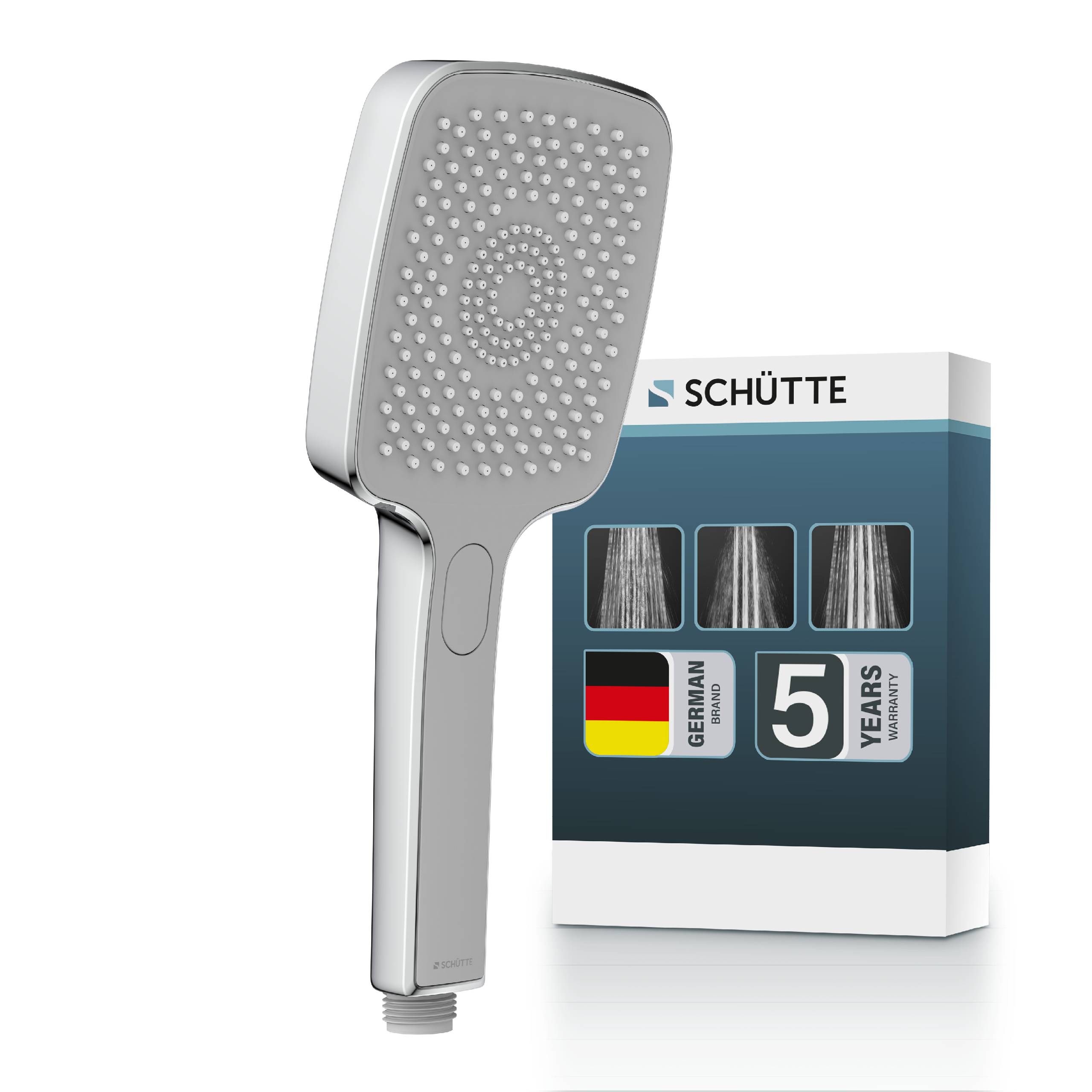 Silberner tragbarer Duschkopf mit verstellbarem Sprühstrahl, abgebildet vor einer Schütte-Produktbox mit den Bezeichnungen „GERMAN BRAND