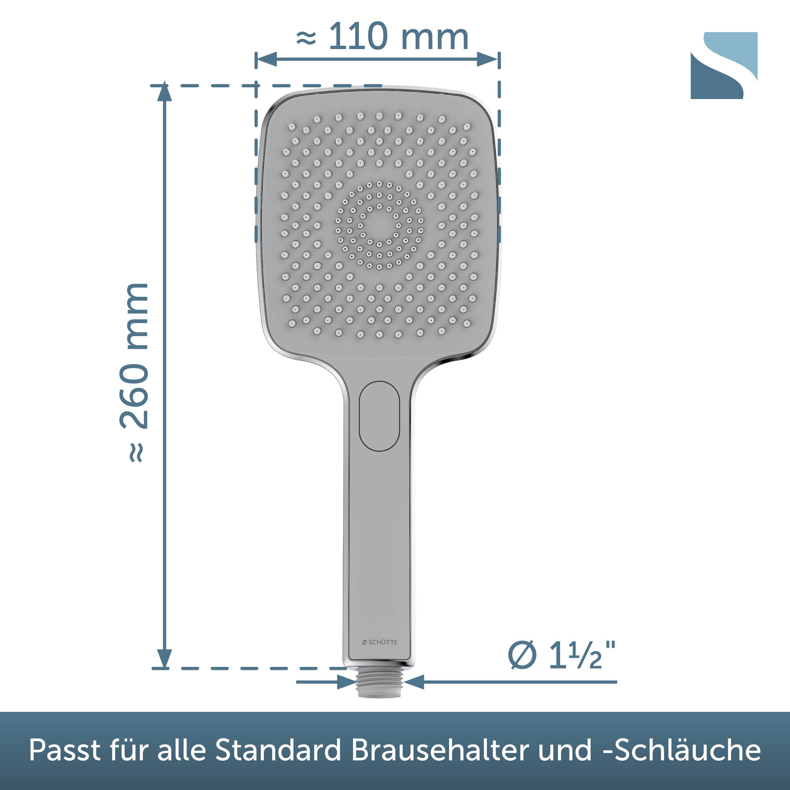 Grauer tragbarer Duschkopf mit Schlauchanschluss, gezeigt mit Abmessungen: etwa 260 mm hoch und 110 mm breit; passt zu Standard-Duschhaltern und Schläuchen.
