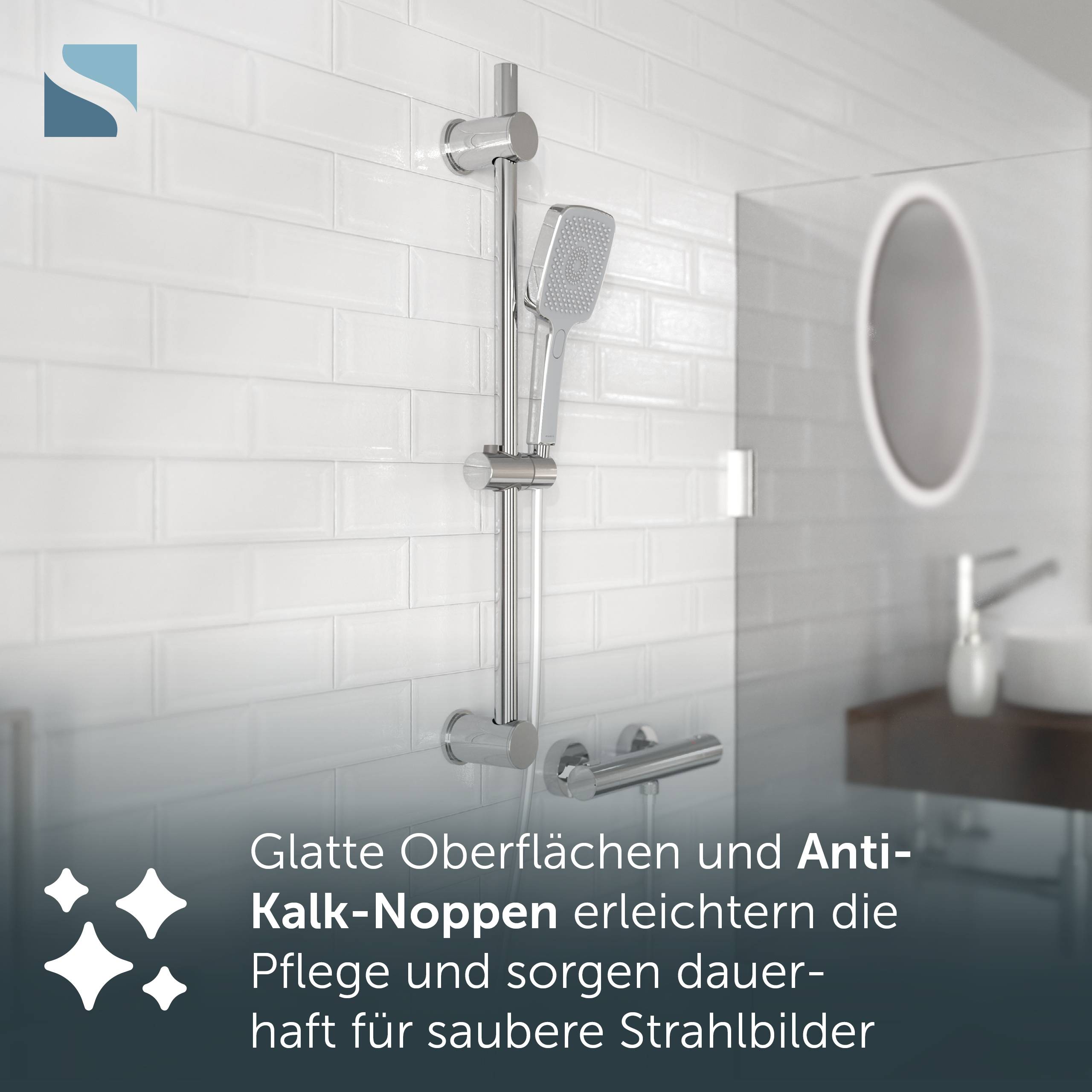 Brauschiene mit Handbrause und kalkbeständigen Düsen in einem sauberen Badezimmer, mit deutschem Text, der einfachere Wartung und saubere Sprühmuster bewirbt.